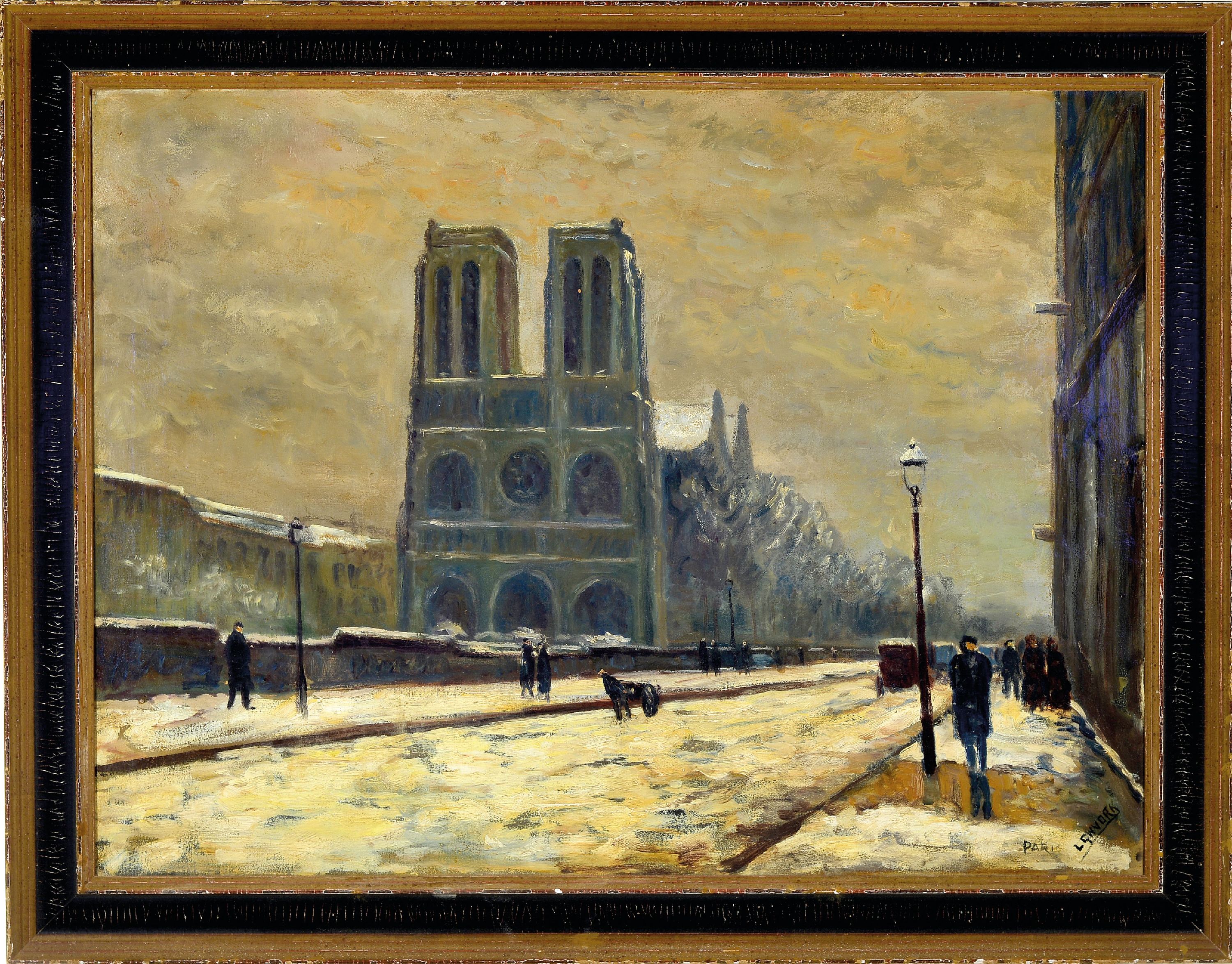 Detail k: L. Gwvork, Künstler des 19./20.Jh., winterliche Ansicht aus Paris, Blick auf Notre Dame, rechts unten signiert, Öl/Lwd, 60x80 cm, rest., Rahmen ...