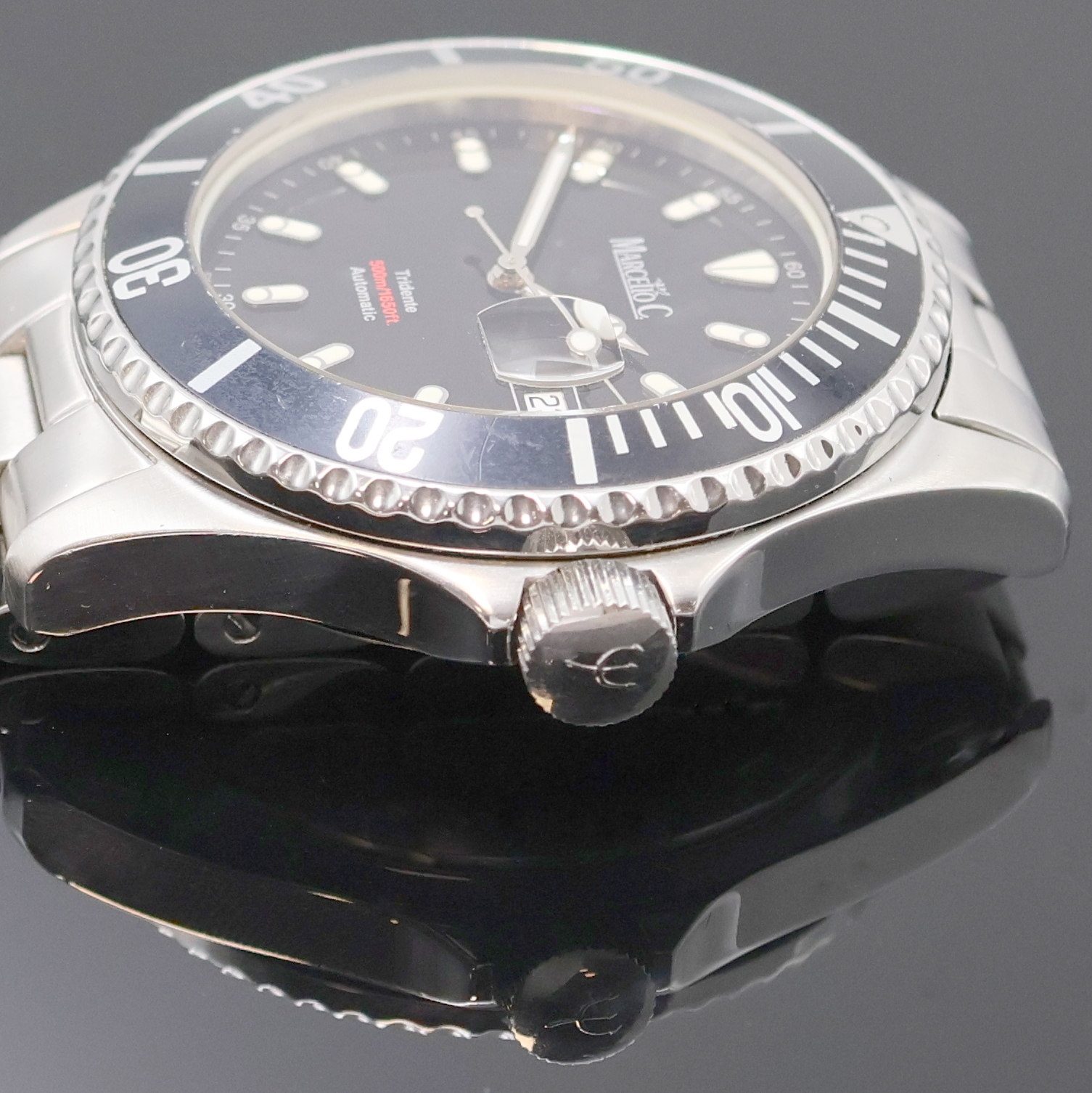 Detail c: MARCELLO Tridente Taucherarmbanduhr in Stahl Referenz 2005, Schweiz um 2010, Automatik, 2-tlg. Geh., Boden u. Krone verschr., eins. drehb, Lünette ...