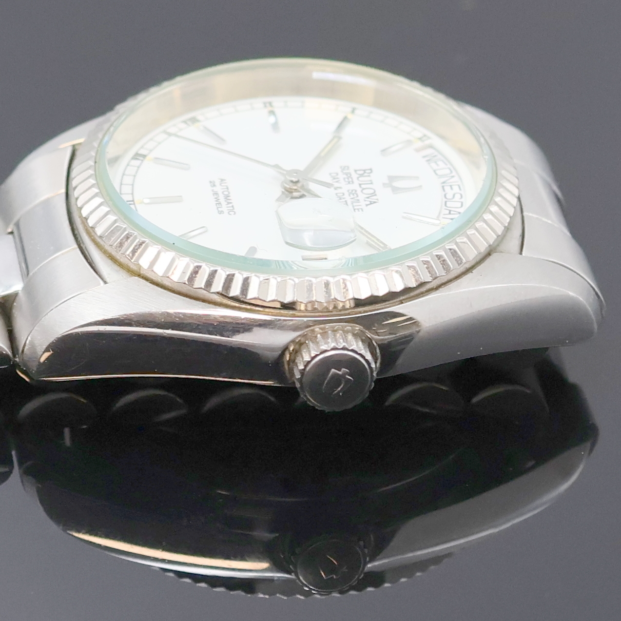 Detail c: BULOVA Super Seville Day-Date Herrenarmbanduhr in Stahl Referenz 33821, Schweiz verk. lt. beil. Garantie 11/1997, Automatik, beids. vergl. Geh., ...