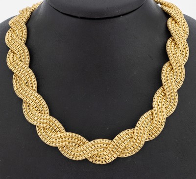 Image 18 kt Gold Collier, GG 750/000, aufwändige Arbeit, 2 3-rhg. Stränge, B. ca. 1.8 cm, ...