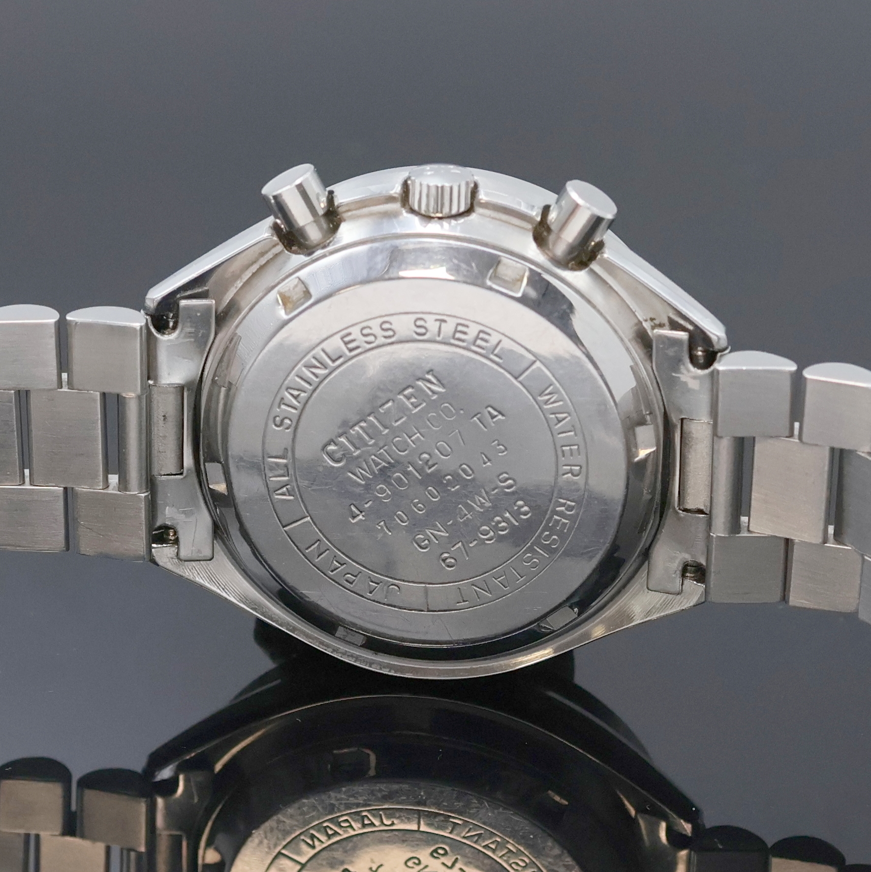 Detail c: CITIZEN Armbandchronograph mit Flyback in Stahl Referenz 67-9313, Japan um 1980, Automatik, Boden verschr., neutr. Stahlband m. Faltschl., Lünette ...