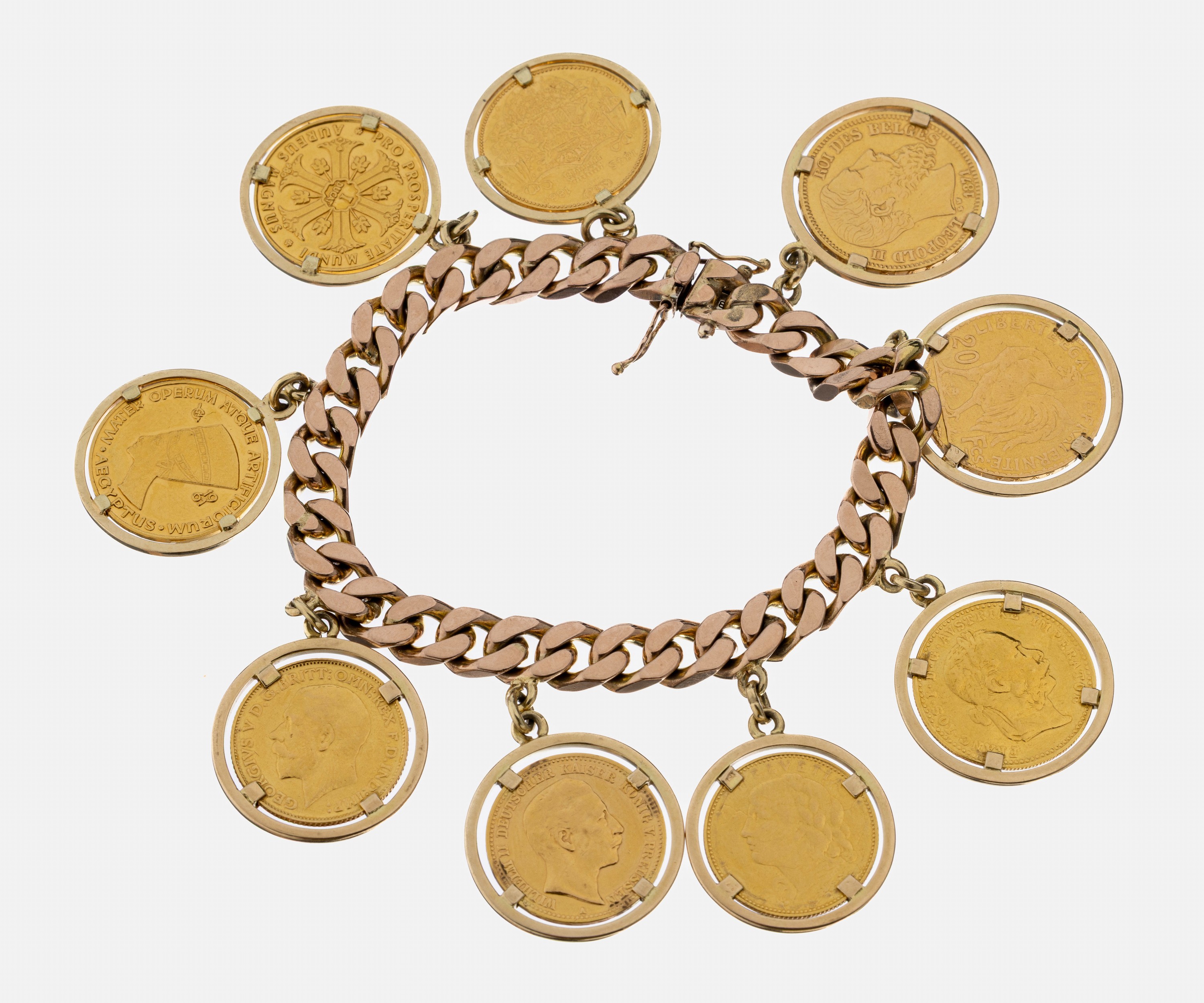 Detail a: 8 kt Gold Münzarmband, RG 333/000, 9 bewegl. abgehangene Münzen bzw. Medaillen, Fassungen GG 585/000 und 333/000 gepr., 1 x Medaille, Mann im ...