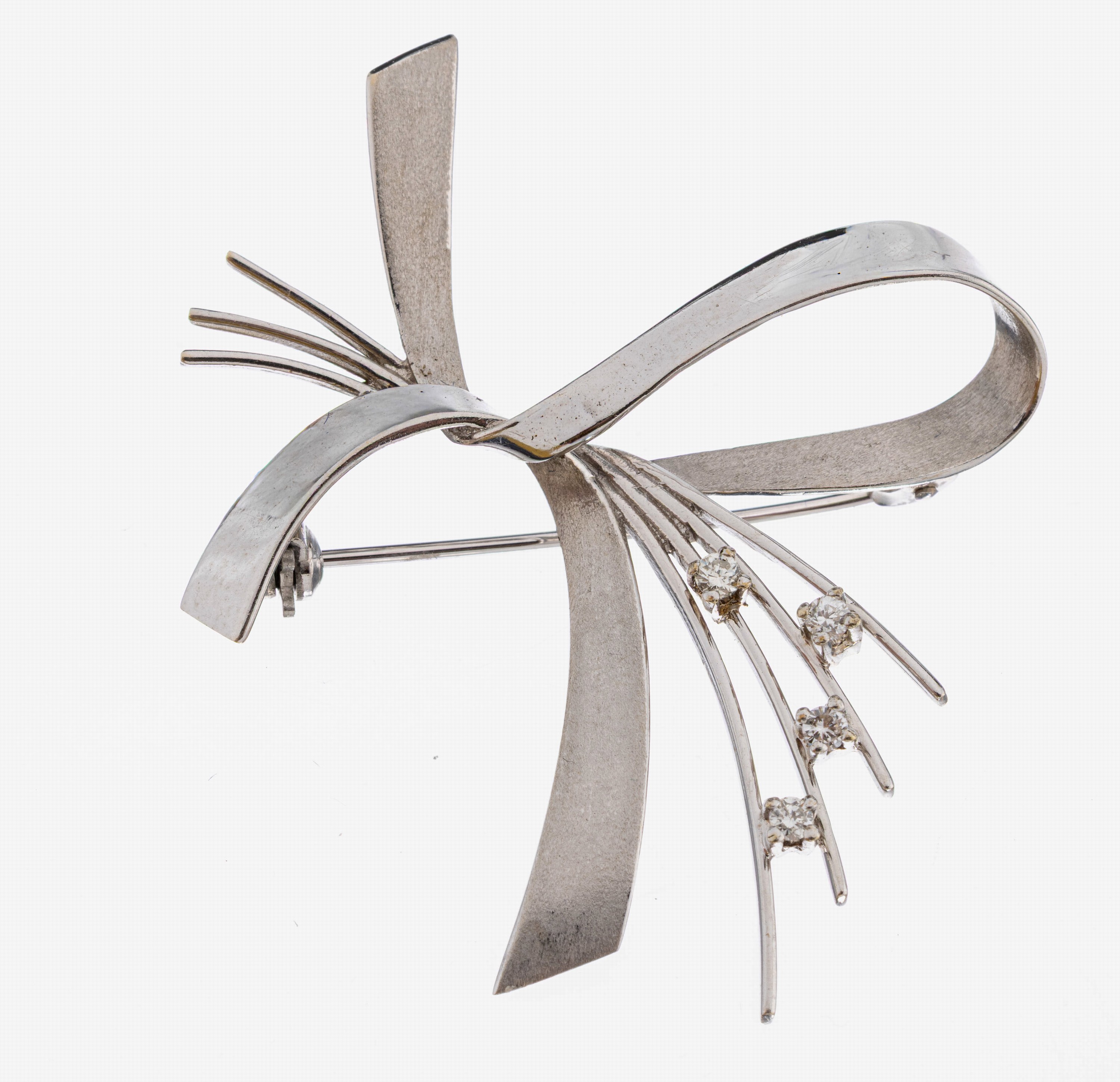 Image 27024553 - 14 kt Gold Brillant-Brosche, 1960er Jahre, WG 585/000, part. sat., geschwungen, 4 ...