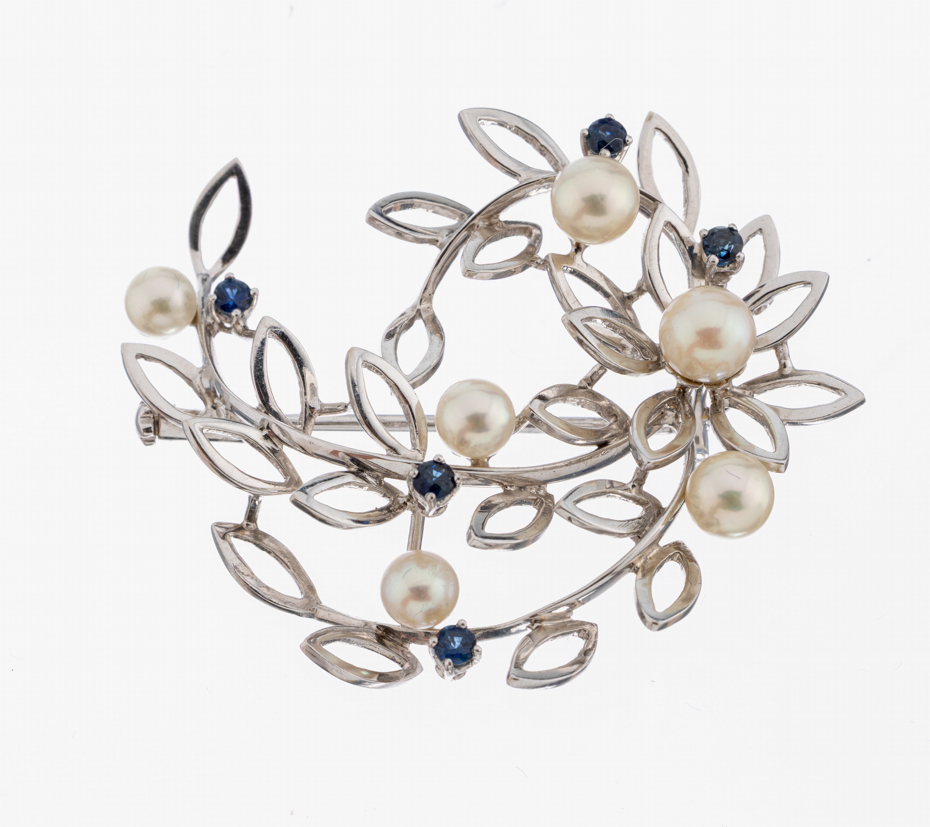 Image 27024573 - 18 kt Gold Saphir-Perl-Brosche, 1960er Jahre, WG 750/000, geschwungen floral, 5 kl. ...