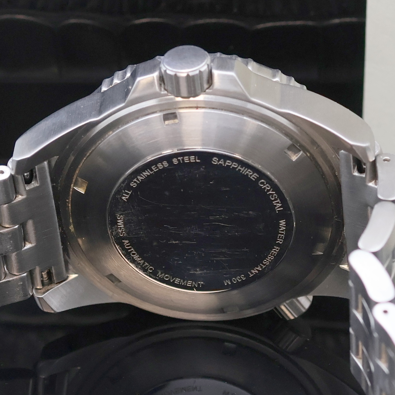 Detail d: MERCURE Poseidon Taucherarmbanduhr in Stahl, Schweiz verk. lt. Garantie 12/2009, Automatik, Boden u. Krone verschr., eins. drehb. Lünette m. 60er ...