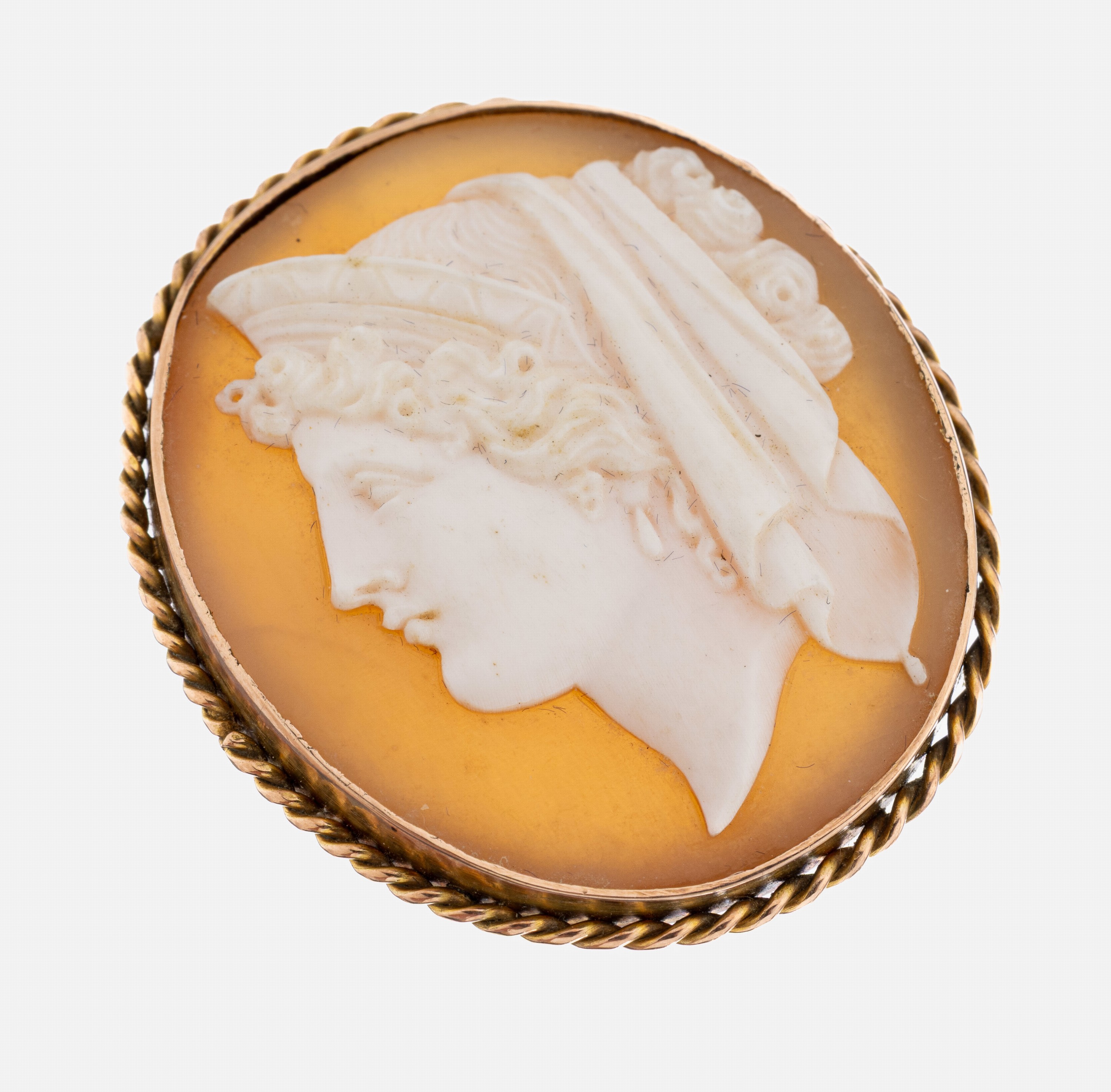 Image 27024593 - 9 kt Gold Kamee-Brosche, um 1900, GG 375/000, ovale Muschelkamee, Darstellung einerDame ...