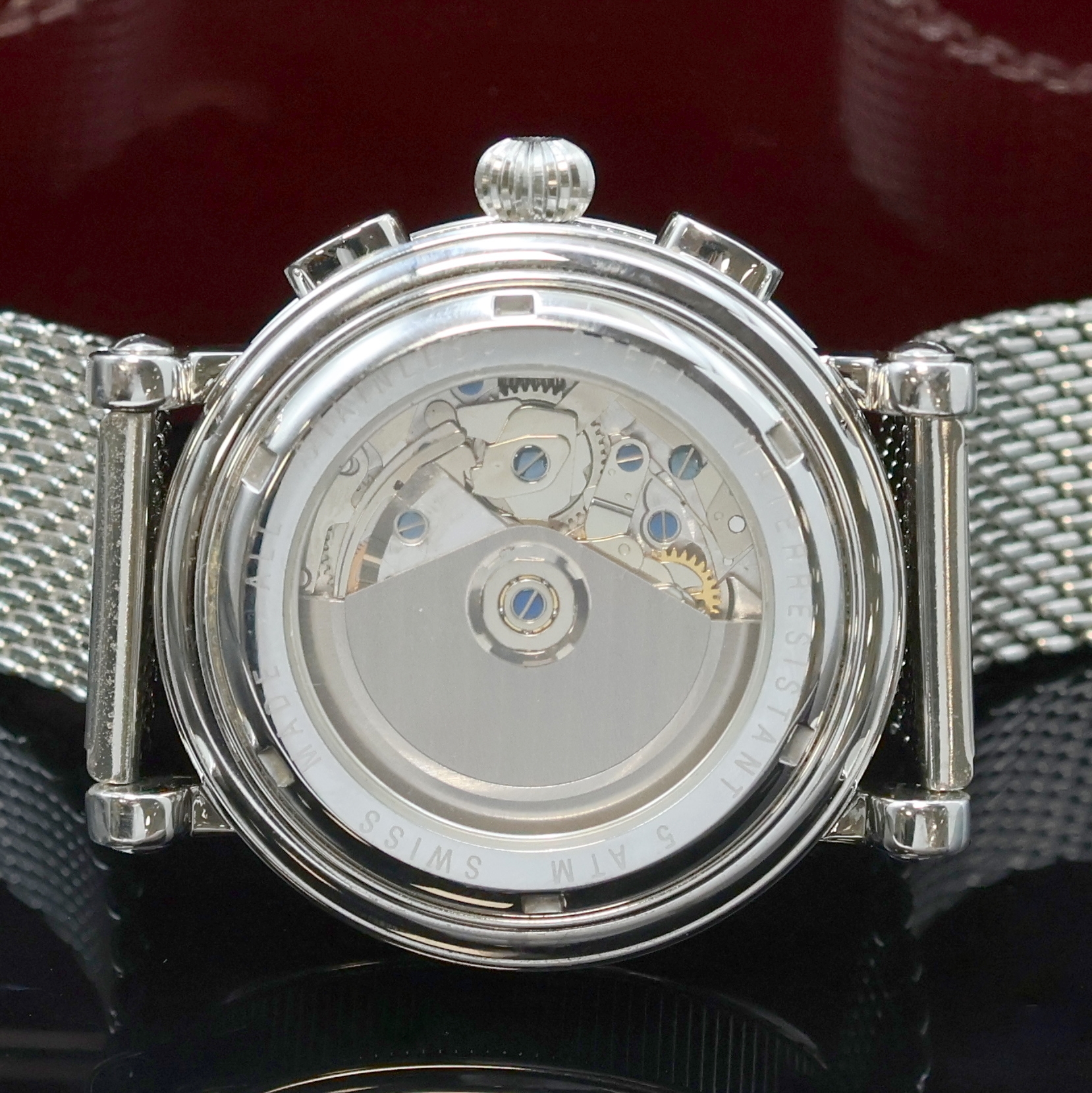 Detail c: BWC Herrenchronograph in Stahl, Schweiz um 2010, Automatik, beids. vergl. Geh. m. geripptem Rand, Boden verschr., Milanaiseband, silb. Zifferbl., ...