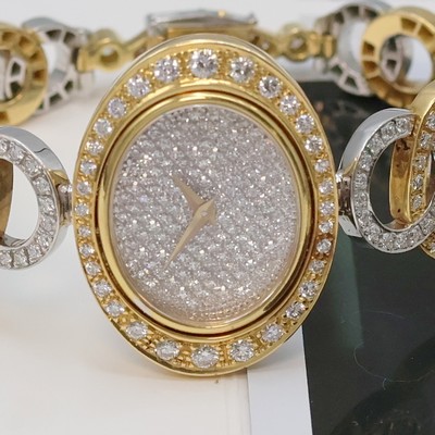 27024519a - Ausgefallene Damenschmuckuhr mit Brillantbesatz in GG 750/000, Schweiz verk. lt. ...