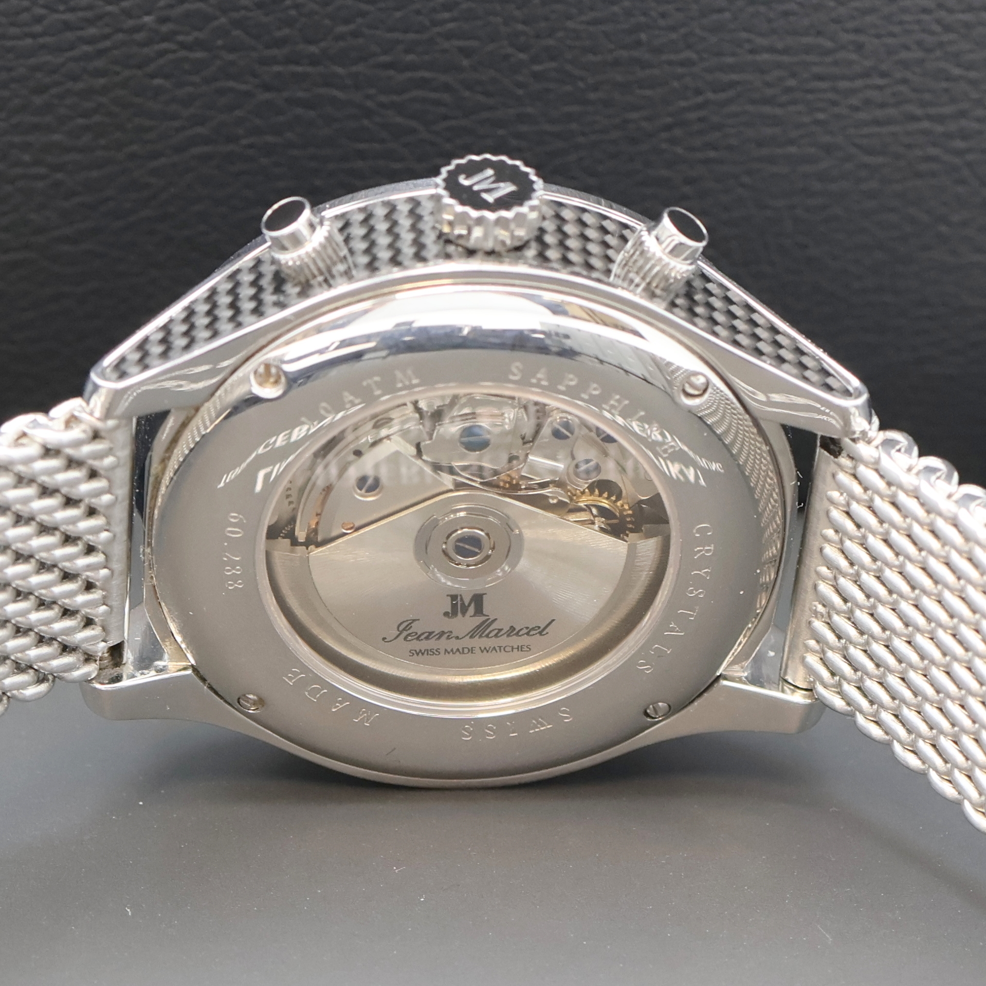 Detail e: JEAN MARCEL Mythos auf 100 Stück limitierter Armbandchronograph in Stahl/Carbon Referenz 60.288, Schweiz um 2010, Automatik, beids. vergl. Geh., ...
