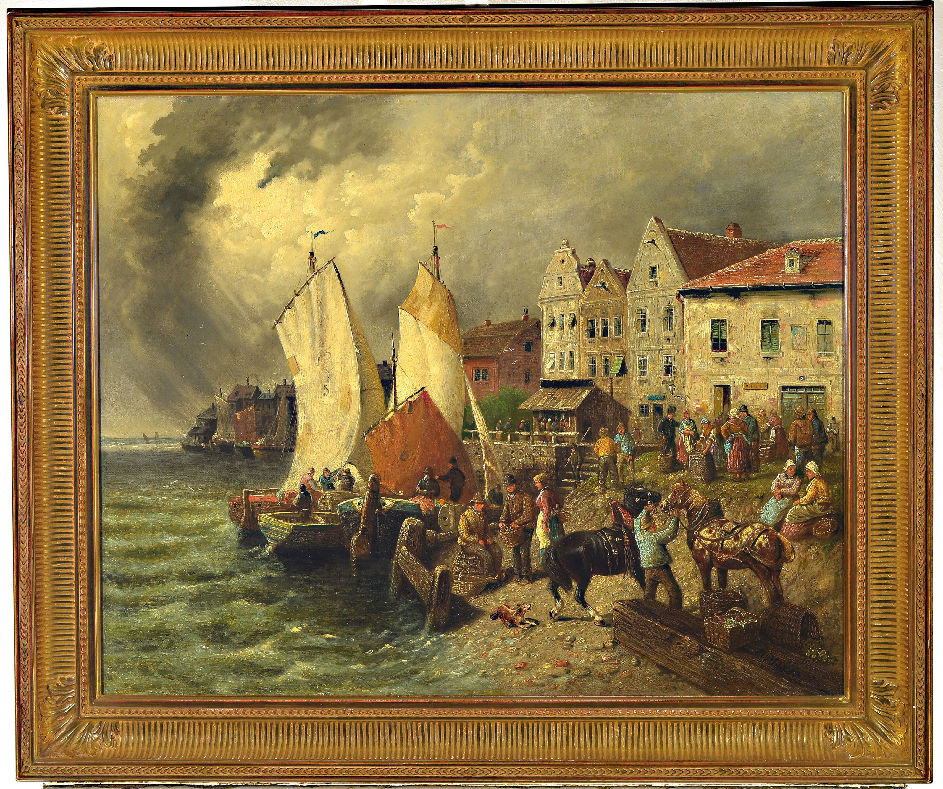 Detail k: Auguste Etienne Francois Mayer, 1805-1890 Brest, holländische Hafenszene, bewegte Figurenstaffage, rechts unten auf Planke signiert, A. Mayer, ...