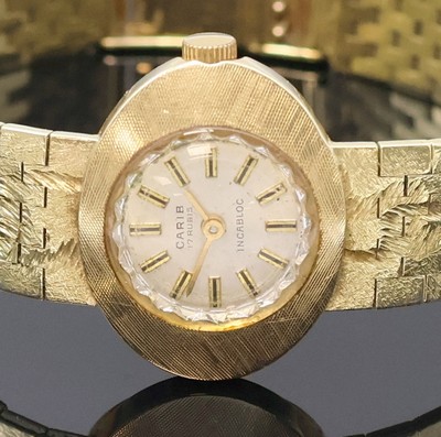 27024605a - CARIB Damenarmbanduhr in GG 585/000, Schweiz um 1965, Handaufzug, Goldband, Boden ...