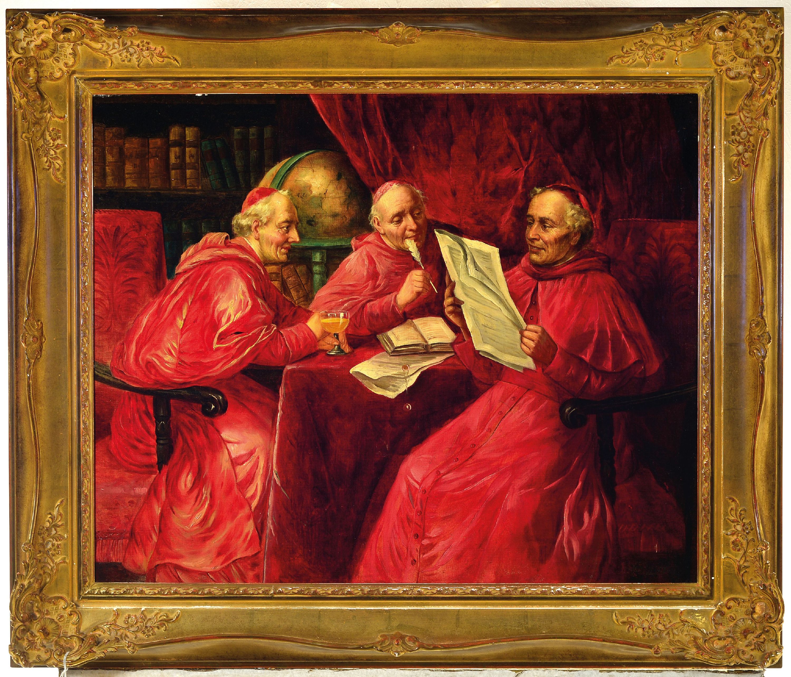 Detail k: W. Lanz, Wiener Künstler des 19.Jh., erwähnt nach 1850, Drei Kardinäle im Gespräch, rechts unten signiert, Öl/Lwd, restauriert, 55x68 cm, Rahmen ...