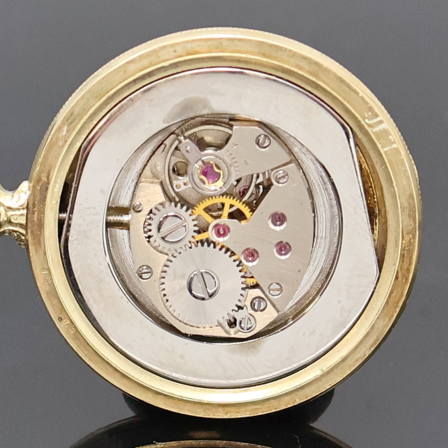 Detail e: 2 kleine Savonette-Taschenuhren in GG 585/000, Schweiz um 1890/1980, vollgrav. Geh., 1.) 2-Deckel Goldgeh., Innendeckel fehlt., Emailzifferbl., gold. ...