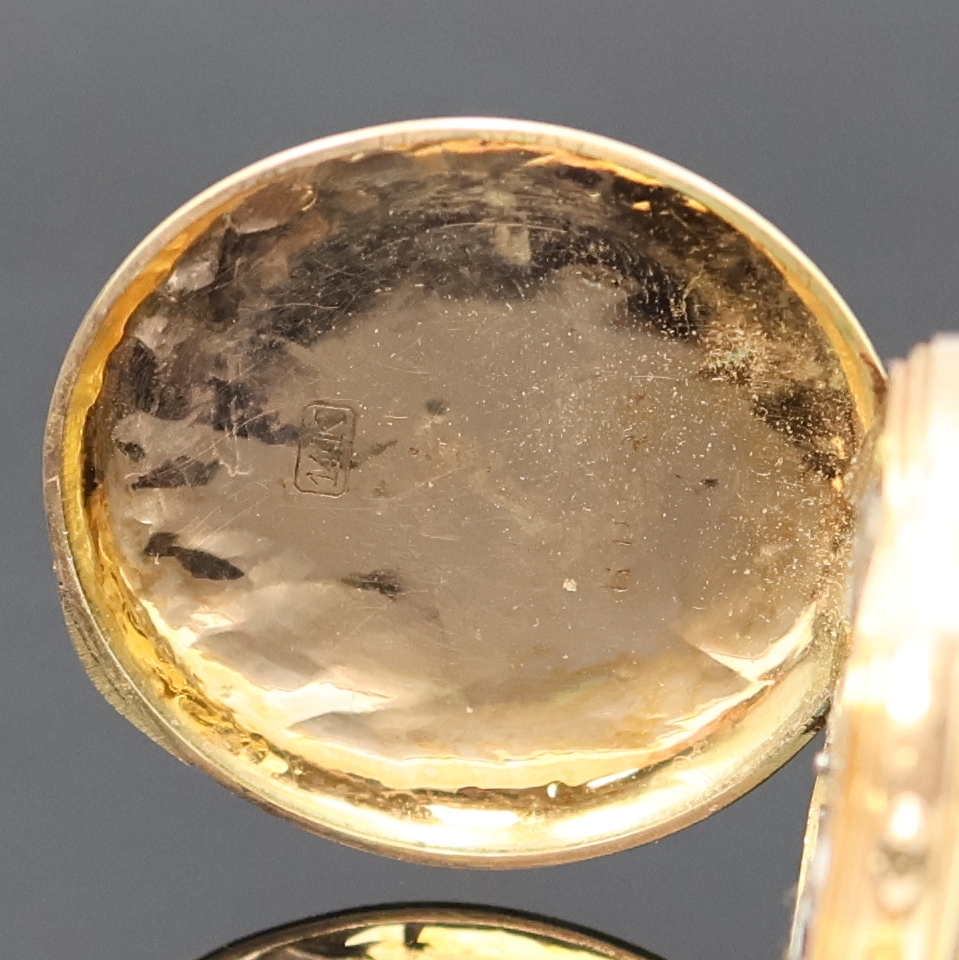 Detail h: 2 kleine Savonette-Taschenuhren in GG 585/000, Schweiz um 1890/1980, vollgrav. Geh., 1.) 2-Deckel Goldgeh., Innendeckel fehlt., Emailzifferbl., gold. ...