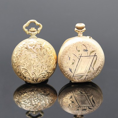27024814c - 2 kleine Savonette-Taschenuhren in GG 585/000, Schweiz um 1890/1980, vollgrav. Geh., 1.) ...