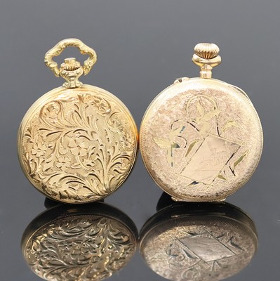 27024814d - 2 kleine Savonette-Taschenuhren in GG 585/000, Schweiz um 1890/1980, vollgrav. Geh., 1.) ...