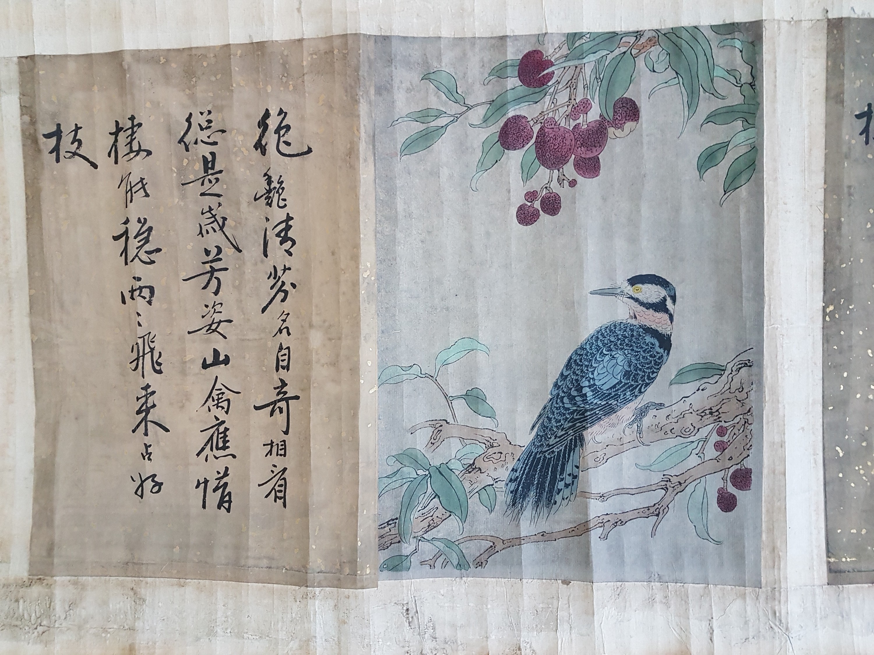 Detail b: Kalligraphie-Farbholzschnitt-Rolle, China, 19. Jh., 6 versch., Tierdarstellungen und Schrift, Altersschäden/Feuchtigkeitsschäden
