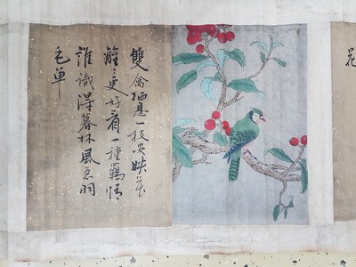 27025031f - Kalligraphie-Farbholzschnitt-Rolle, China, 19. Jh., 6 versch., Tierdarstellungen und ...