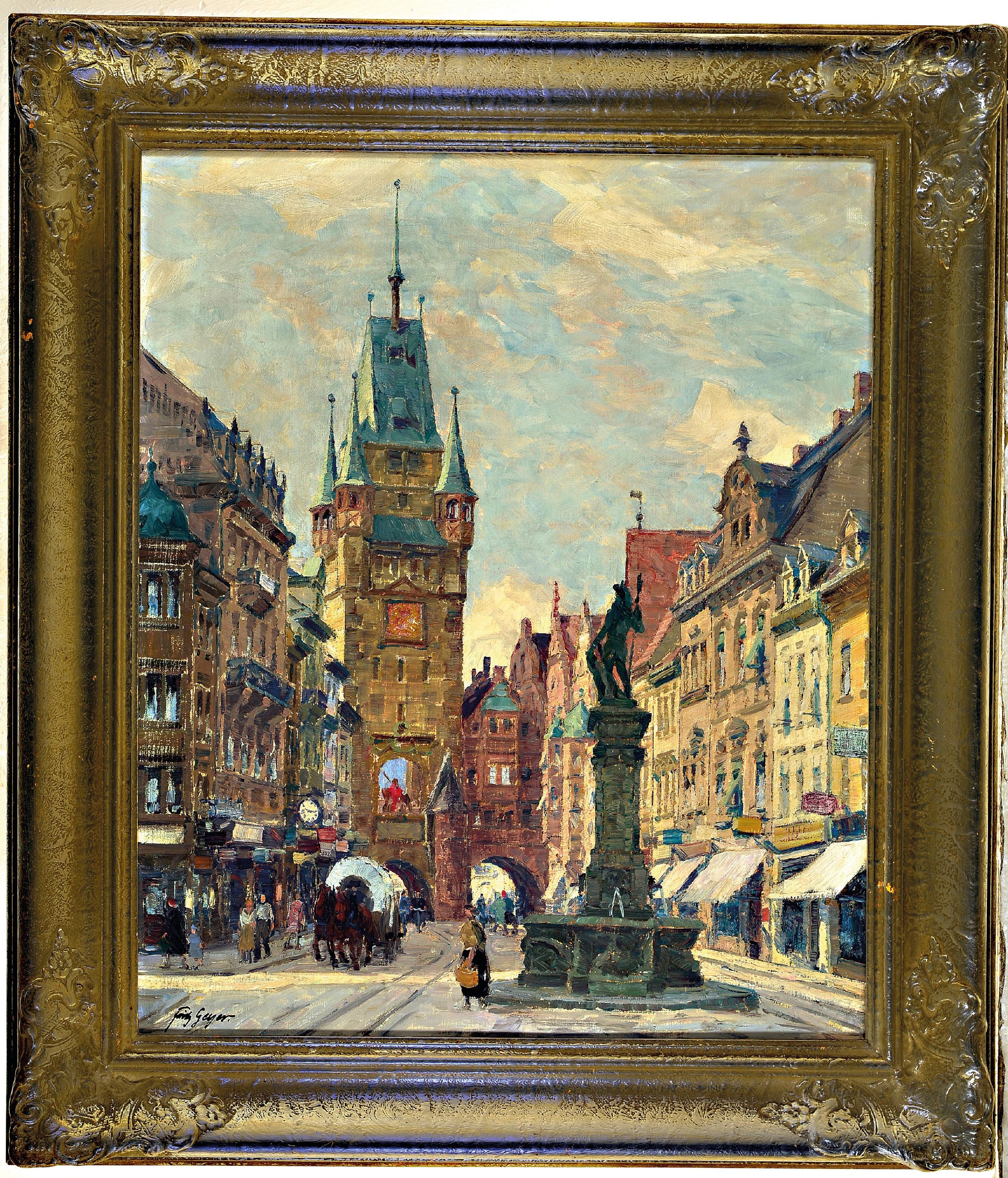 Detail k: Fritz Geyer, 1873 Nürnberg-1949 Seebruck, Ansicht der Freiburger Altstadt, Blick auf den Georgsbrunnen und das Martinstor, links unten signiert, ...