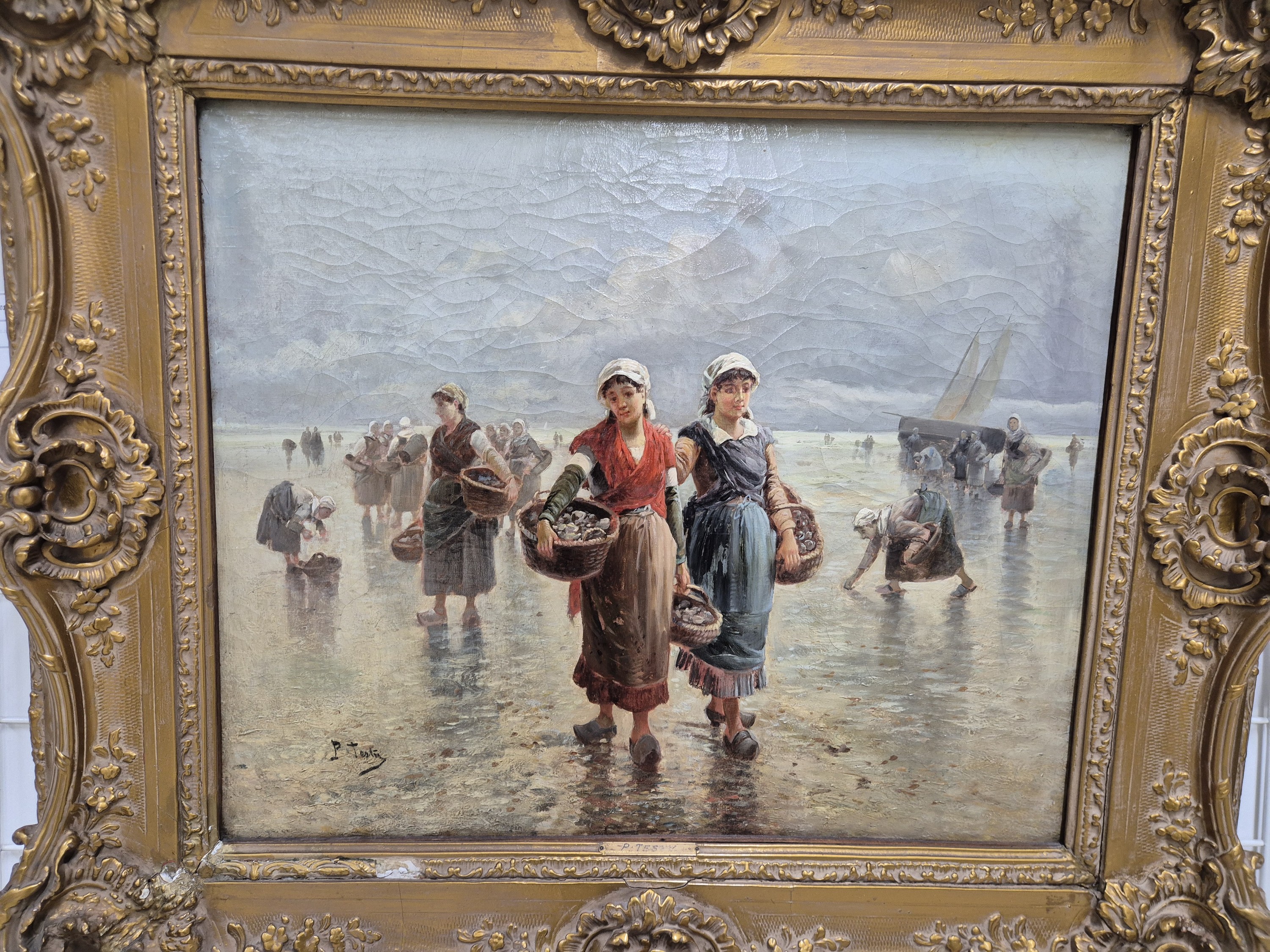 Detail a: Pierre Testu, französischer Maler des späten 19./frühen 20.Jh., Rückkehr der Austernfischerinnen, um 1900, links unten signiert, Öl/Lwd, ...