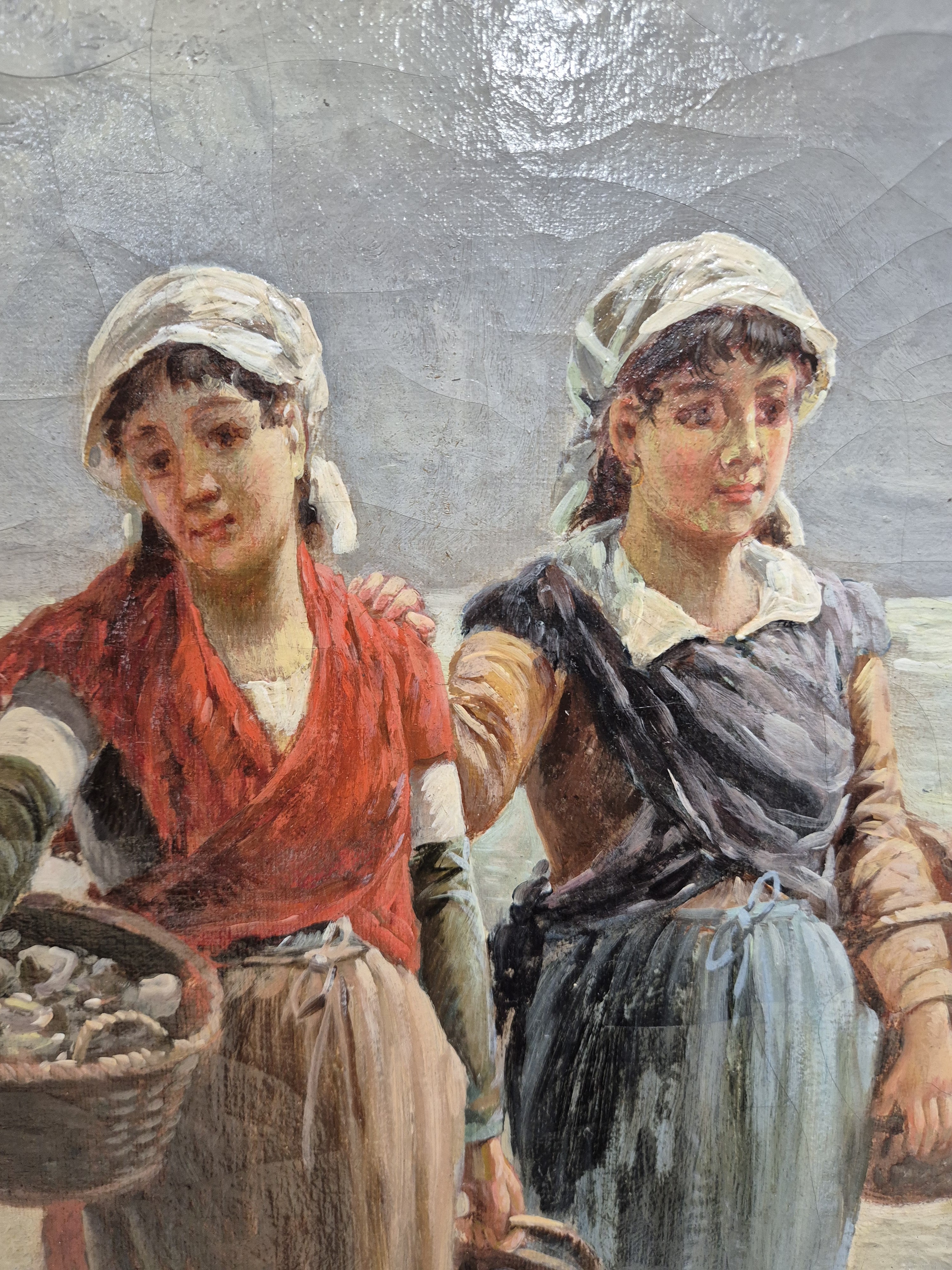 Detail b: Pierre Testu, französischer Maler des späten 19./frühen 20.Jh., Rückkehr der Austernfischerinnen, um 1900, links unten signiert, Öl/Lwd, ...