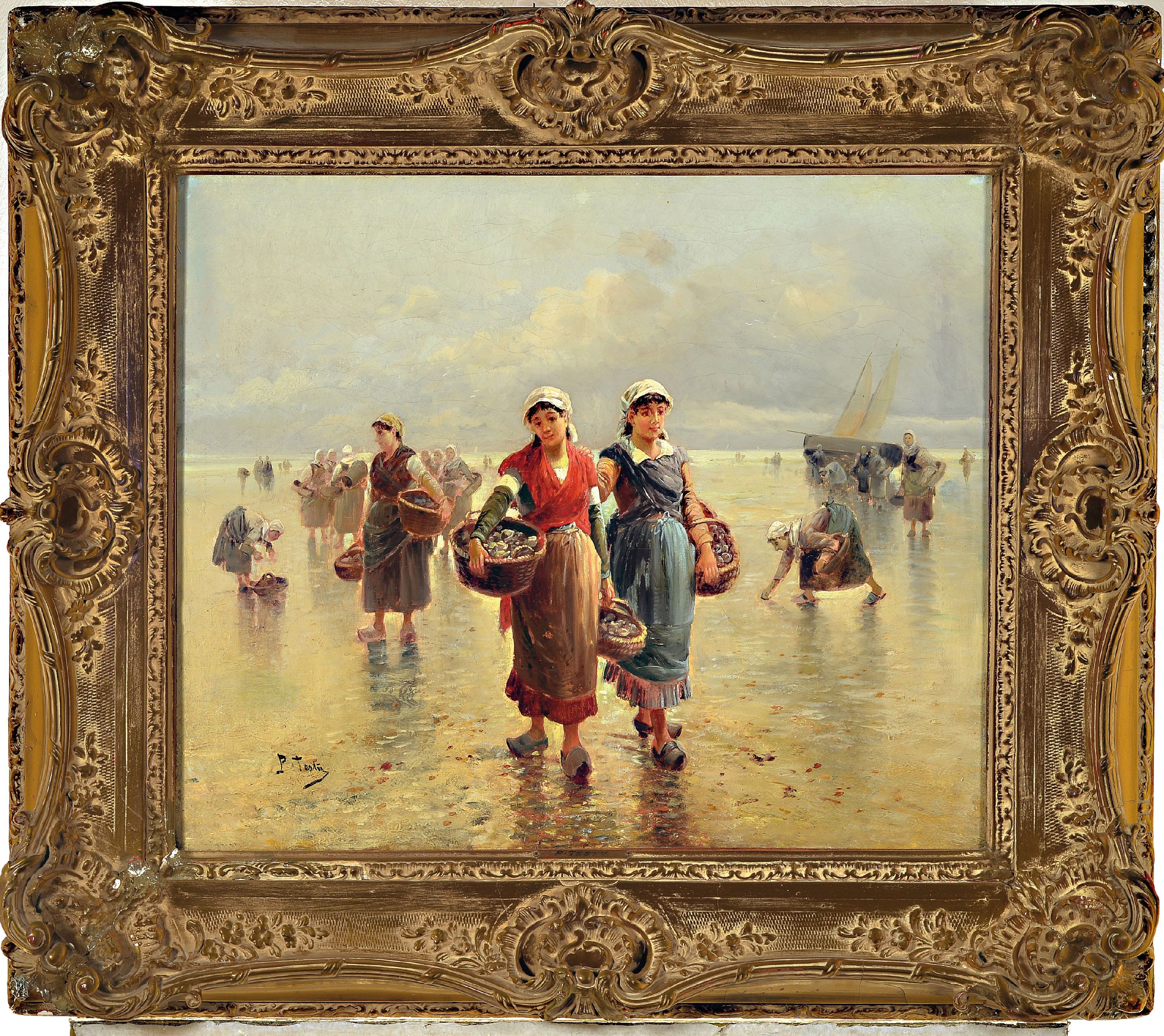 Detail k: Pierre Testu, französischer Maler des späten 19./frühen 20.Jh., Rückkehr der Austernfischerinnen, um 1900, links unten signiert, Öl/Lwd, ...