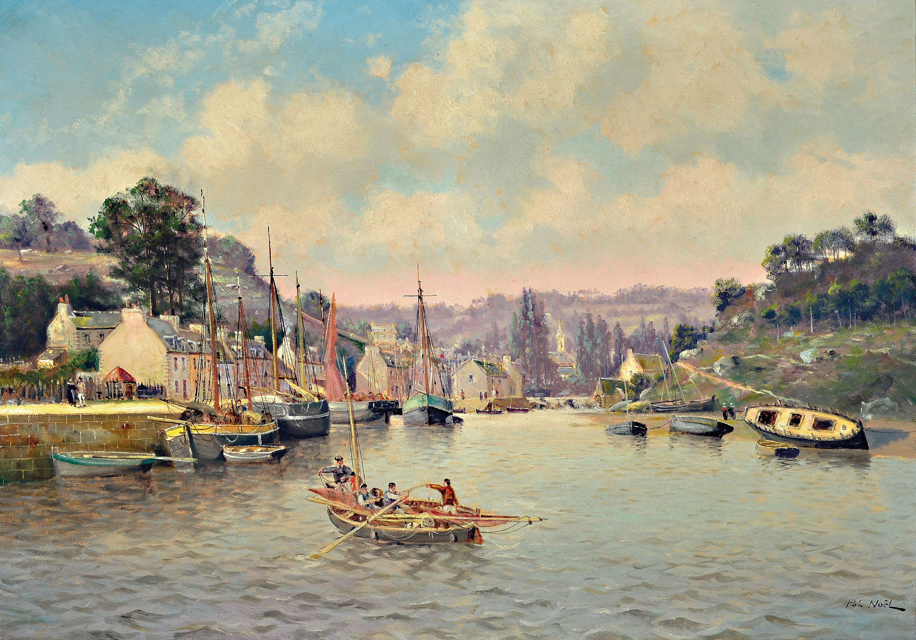 Image 27025273 - Pol Noel, geb. 1850, französisch, Fischerdorf in der Bretagne, Blick in den Hafen, ...