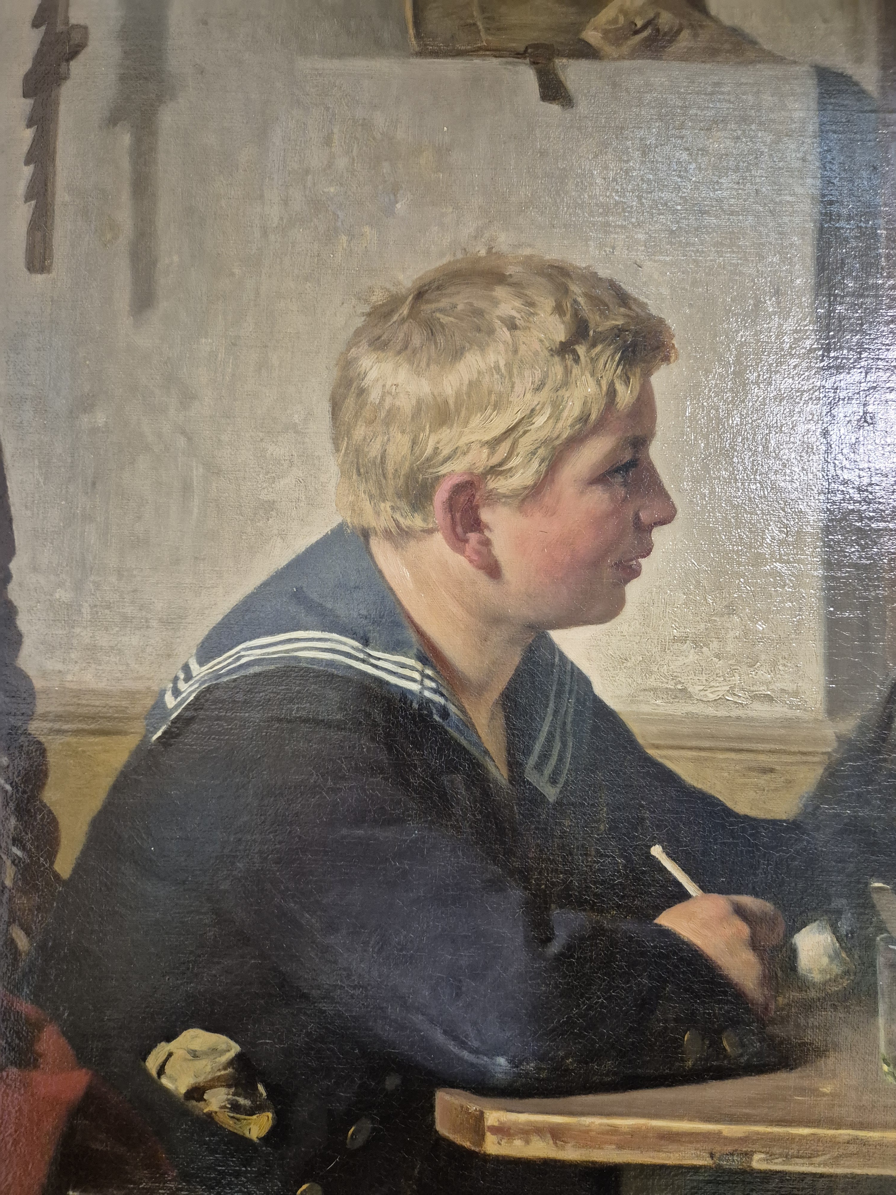 Detail a: Berthold Woltze, 1829 Havelberg-1896 Weimar, Interieur, Heimaturlaub, der Sohn kehrt vom Dienst bei der Marine heim und besucht Mutter und Schwester, ...