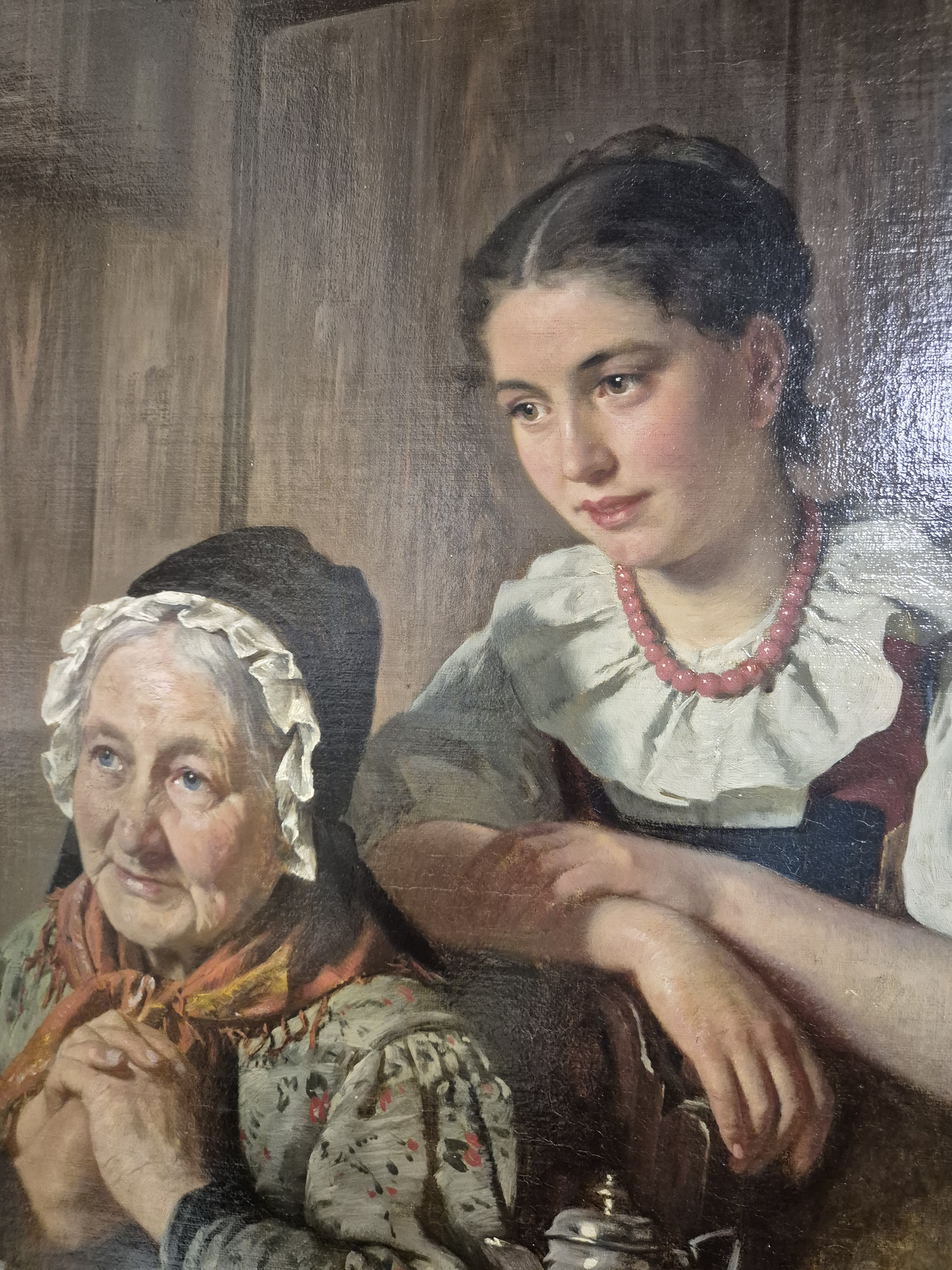 Detail c: Berthold Woltze, 1829 Havelberg-1896 Weimar, Interieur, Heimaturlaub, der Sohn kehrt vom Dienst bei der Marine heim und besucht Mutter und Schwester, ...
