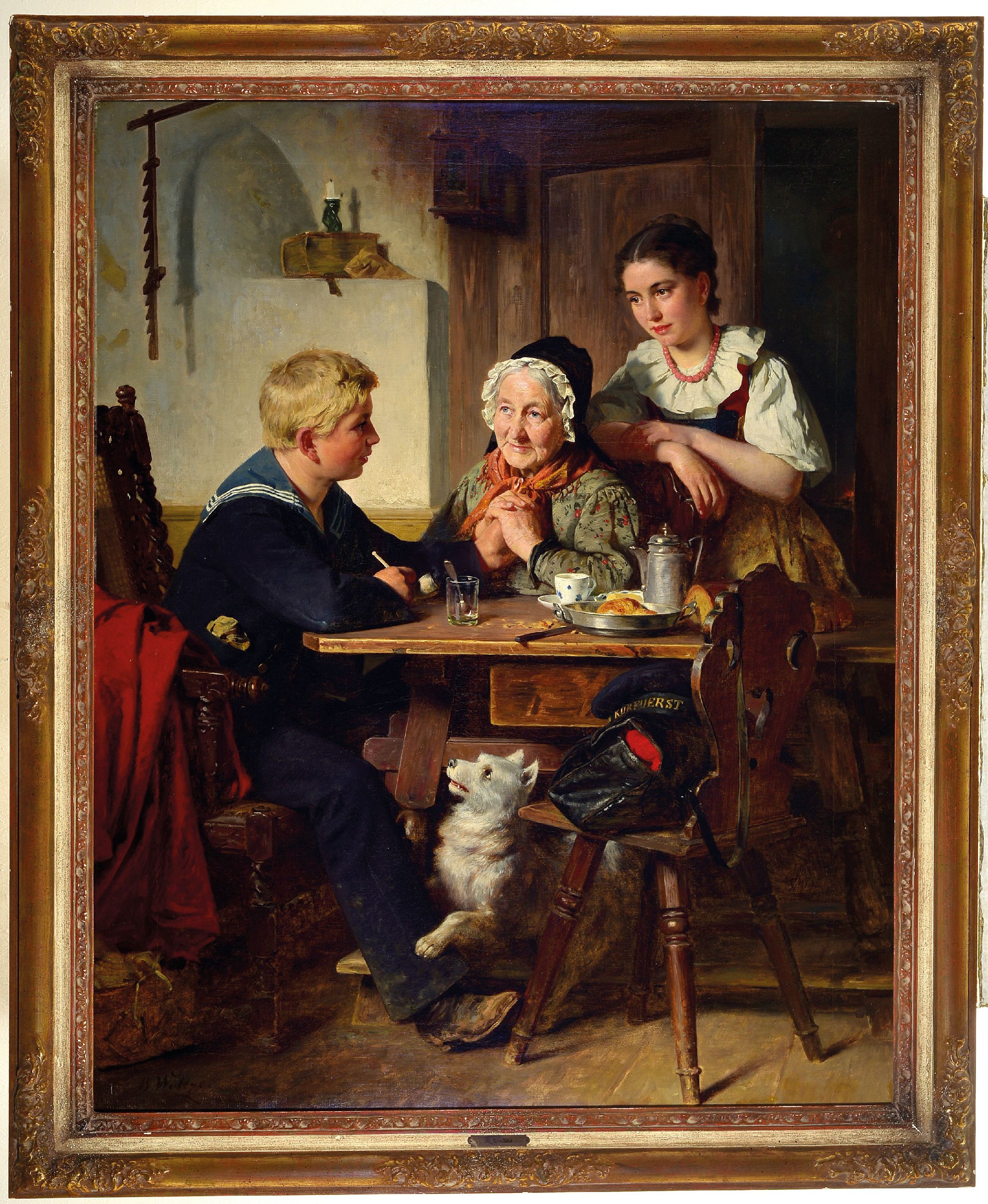 Detail k: Berthold Woltze, 1829 Havelberg-1896 Weimar, Interieur, Heimaturlaub, der Sohn kehrt vom Dienst bei der Marine heim und besucht Mutter und Schwester, ...