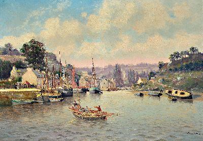 Image Pol Noel, geb. 1850, französisch, Fischerdorf in der Bretagne, Blick in den Hafen, ...