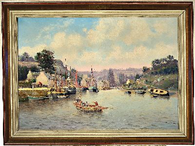 27025273k - Pol Noel, geb. 1850, französisch, Fischerdorf in der Bretagne, Blick in den Hafen, ...