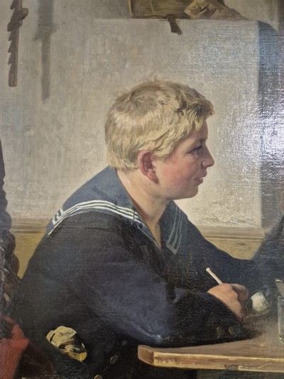 27025298a - Berthold Woltze, 1829 Havelberg-1896 Weimar, Interieur, Heimaturlaub, der Sohn kehrt vom ...