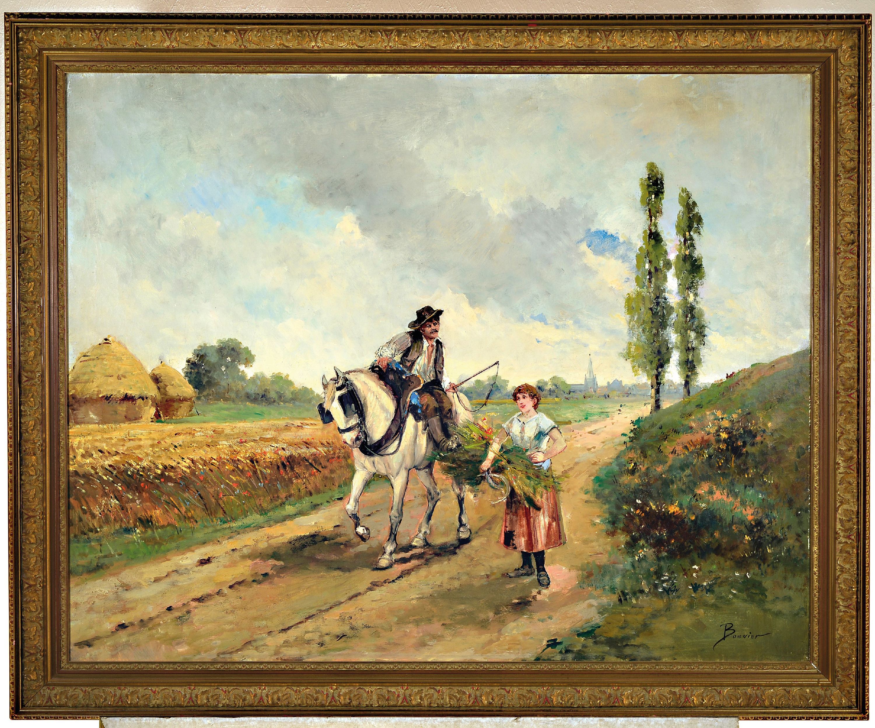 Detail k: Gustavus Arthur Bouvier, um 1839-1888, Sommerlandschaft mit Bauernpaar im Gespräch, rechts unten signiert Bouvier, Öl/Lwd, mehrfach restauriert, ...
