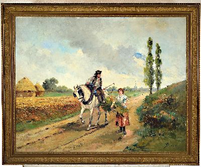 27025447k - Gustavus Arthur Bouvier, um 1839-1888, Sommerlandschaft mit Bauernpaar im Gespräch, ...