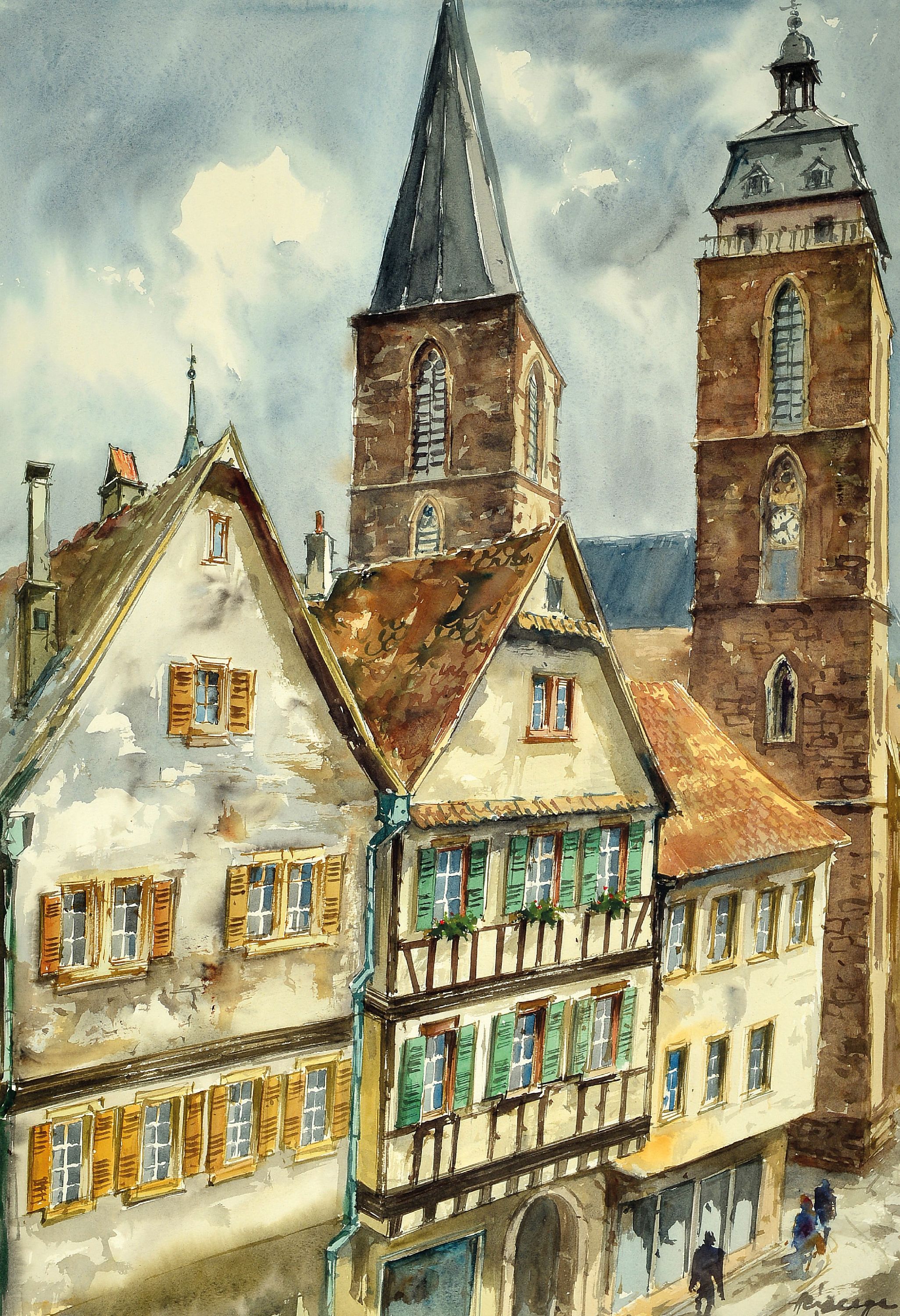 Detail a: Heiner Deege, 1920-2007, zwei großformatige Aquarelle mit Ansichten von Neustadt/Weinstraße, 1. Herrenhof, signiert, PP. ca. 62 x 46 cm, Rahmen ca. ...
