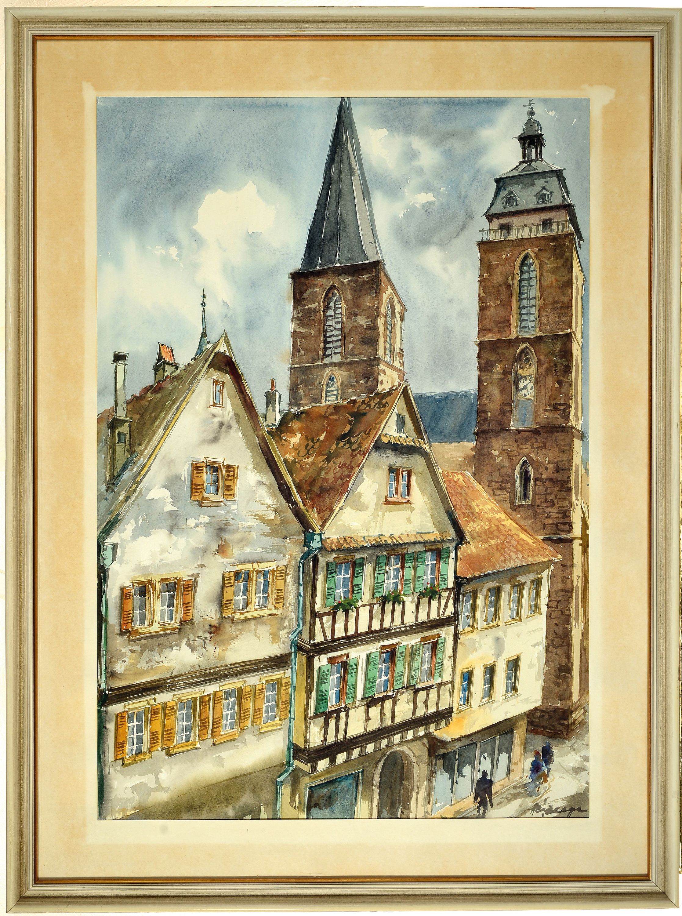 Detail l: Heiner Deege, 1920-2007, zwei großformatige Aquarelle mit Ansichten von Neustadt/Weinstraße, 1. Herrenhof, signiert, PP. ca. 62 x 46 cm, Rahmen ca. ...