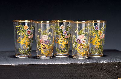 Image 12 small beakers, German, around 1900, colorless glass, with flower painting and golden ...