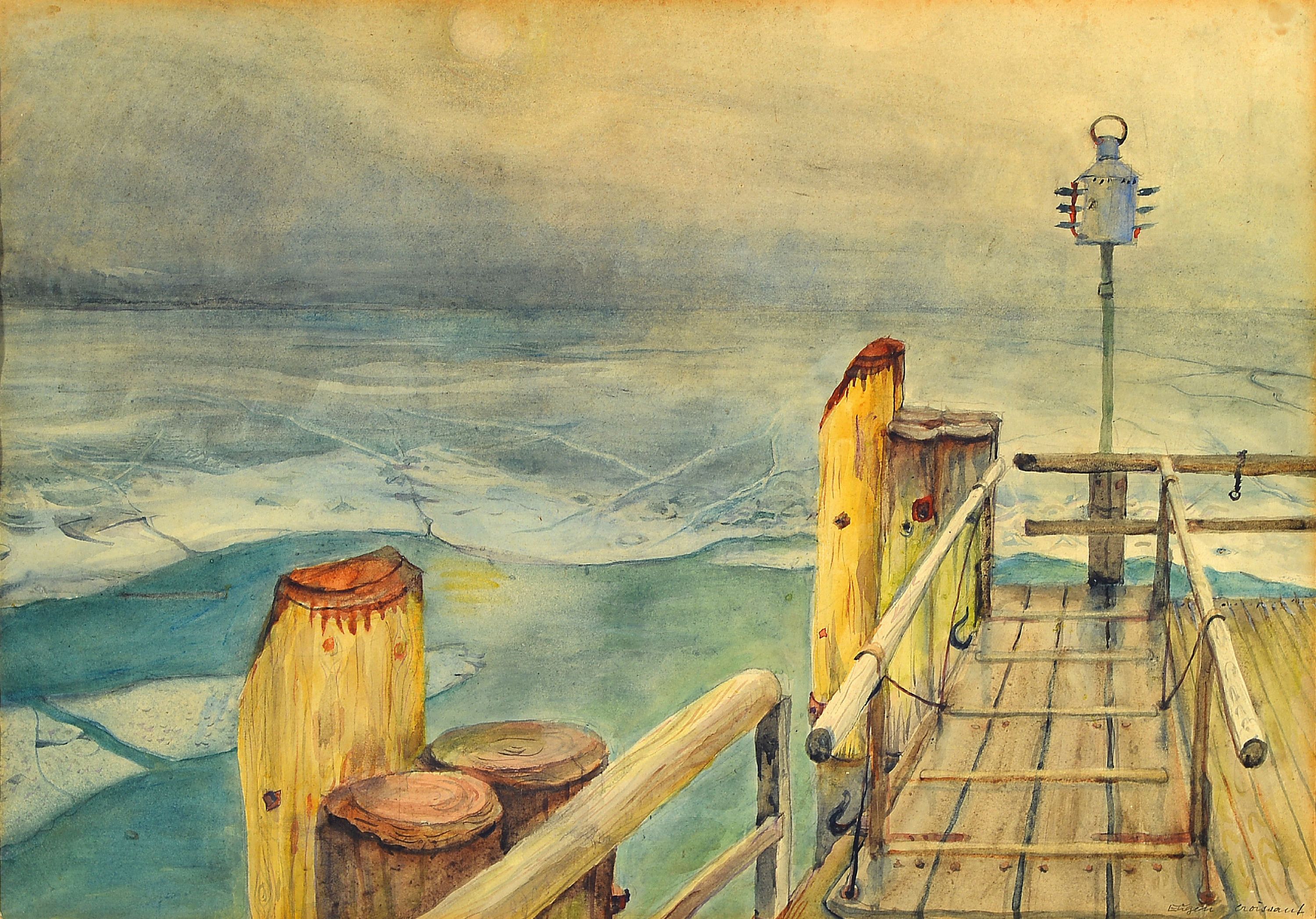 Image 27026490 - Eugen Croissant, 1898 Landau-1976 Breitbrunn, Uferlandschaft mit Steg, Aquarell auf ...
