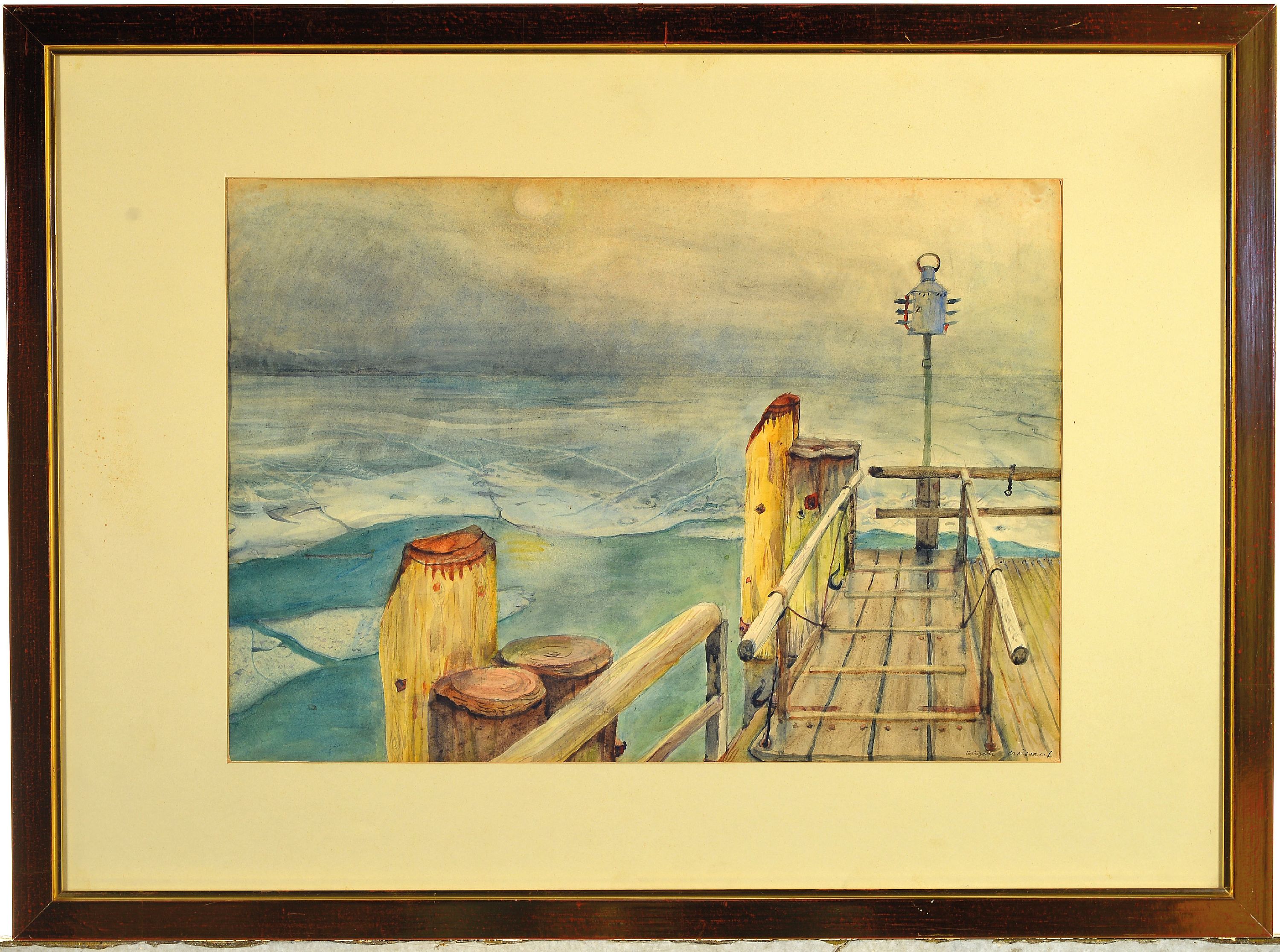 Detail k: Eugen Croissant, 1898 Landau-1976 Breitbrunn, Uferlandschaft mit Steg, Aquarell auf Papier, rechts unten sign., ca. 34x48cm, PP, u.Gl., R. ca. 53x73cm