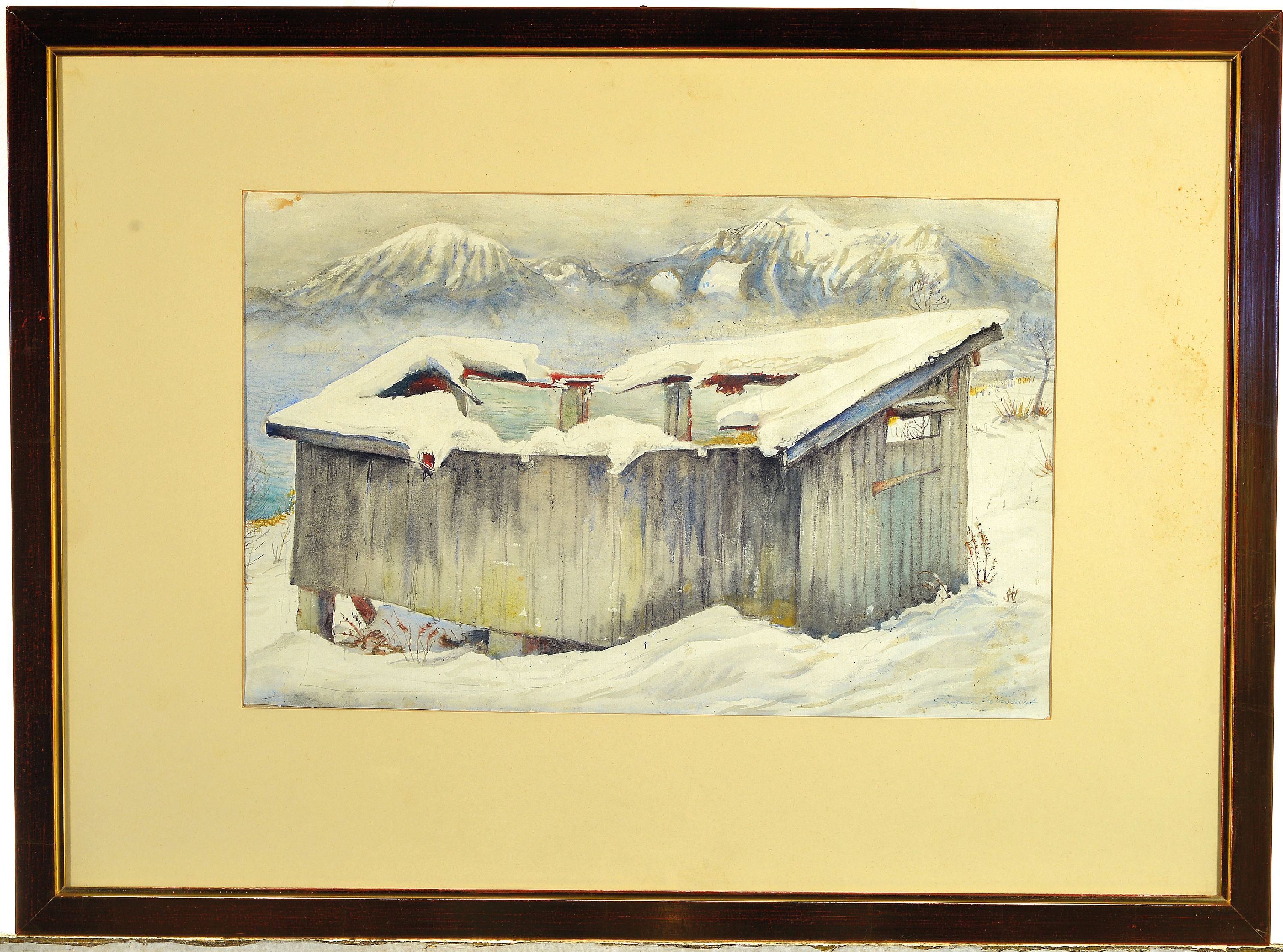 Detail k: Eugen Croissant, 1898 Landau-1976 Breitbrunn, Winterlandschaft mit Hütte im Schnee, Aquarell auf Papier, rechts unten sign., ca. 34x48cm, PP, u.Gl., ...
