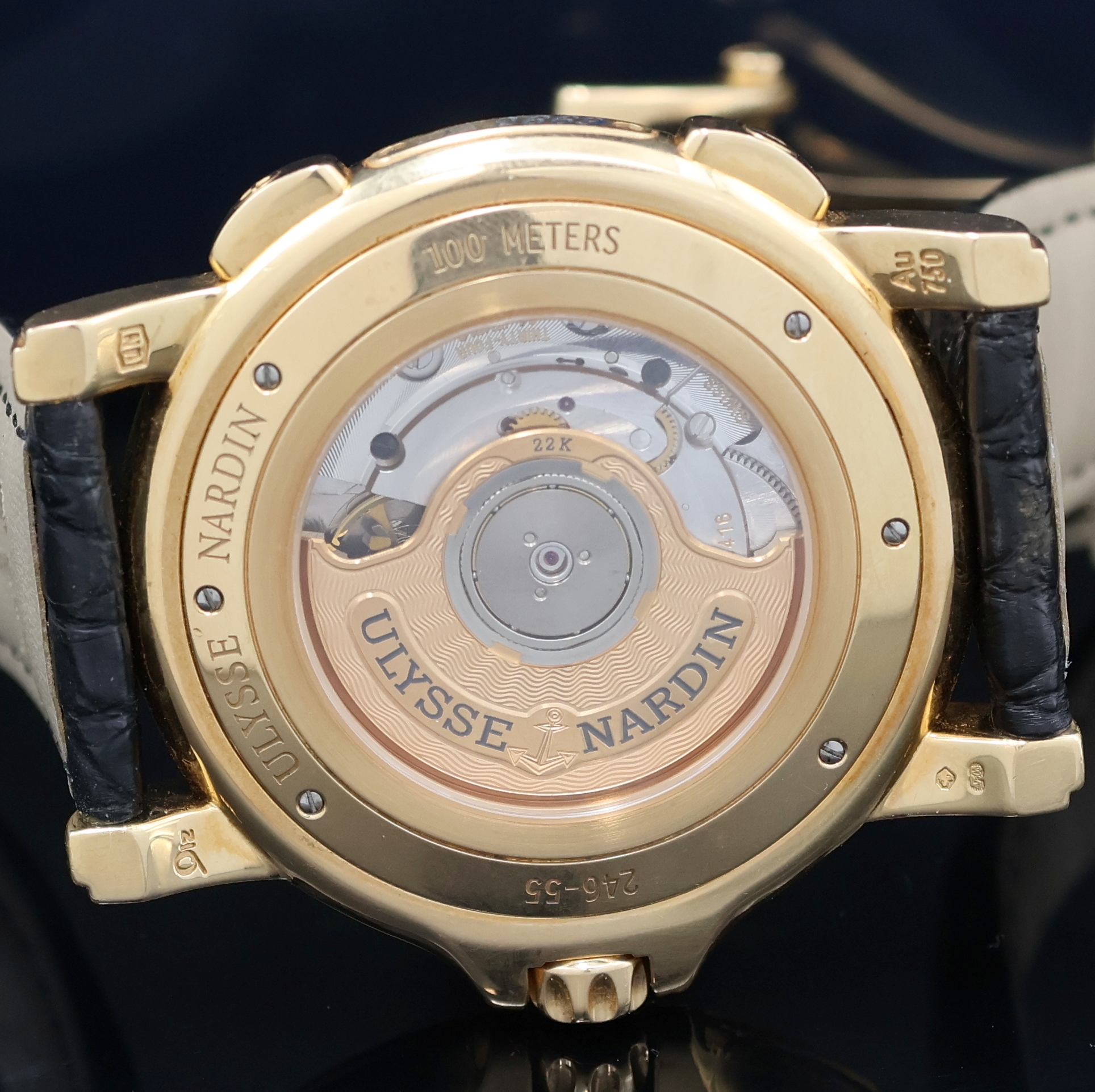 Detail f: ULYSSE NARDIN Herrenarmbanduhr Dual Time Big Date in RG 750/000 Referenz 246-55, Automatik, Schweiz um 2010, beids. vergl. Geh. inkl. Lederband m. ...