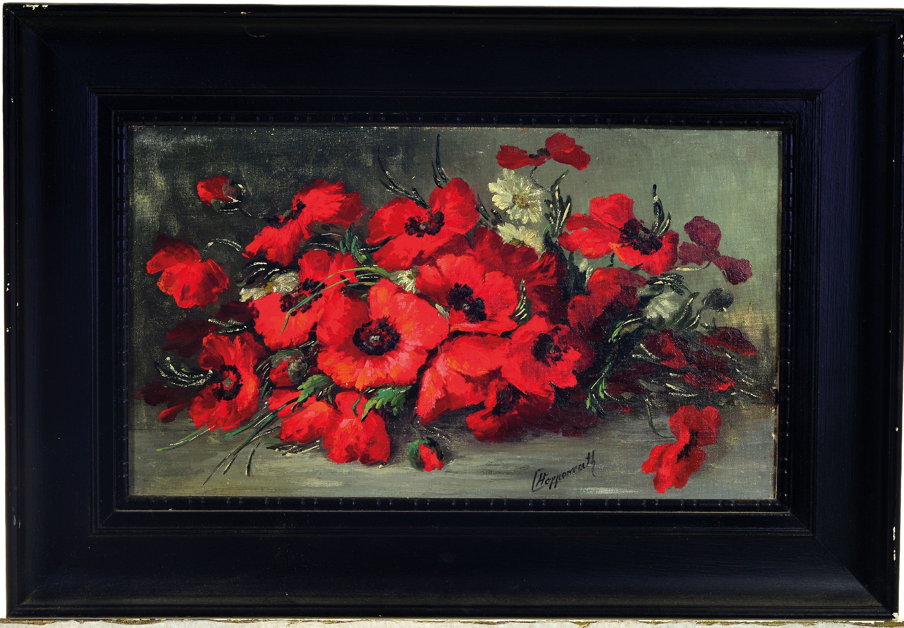 Detail k: Clara Hoppenrath, Berliner Malerin Anfang des 20. Jh., Stillleben mit Mohnblumen, Öl/Lwd, rechts unten sign., ca. 31x53cm, R. ca. 49x71 cm