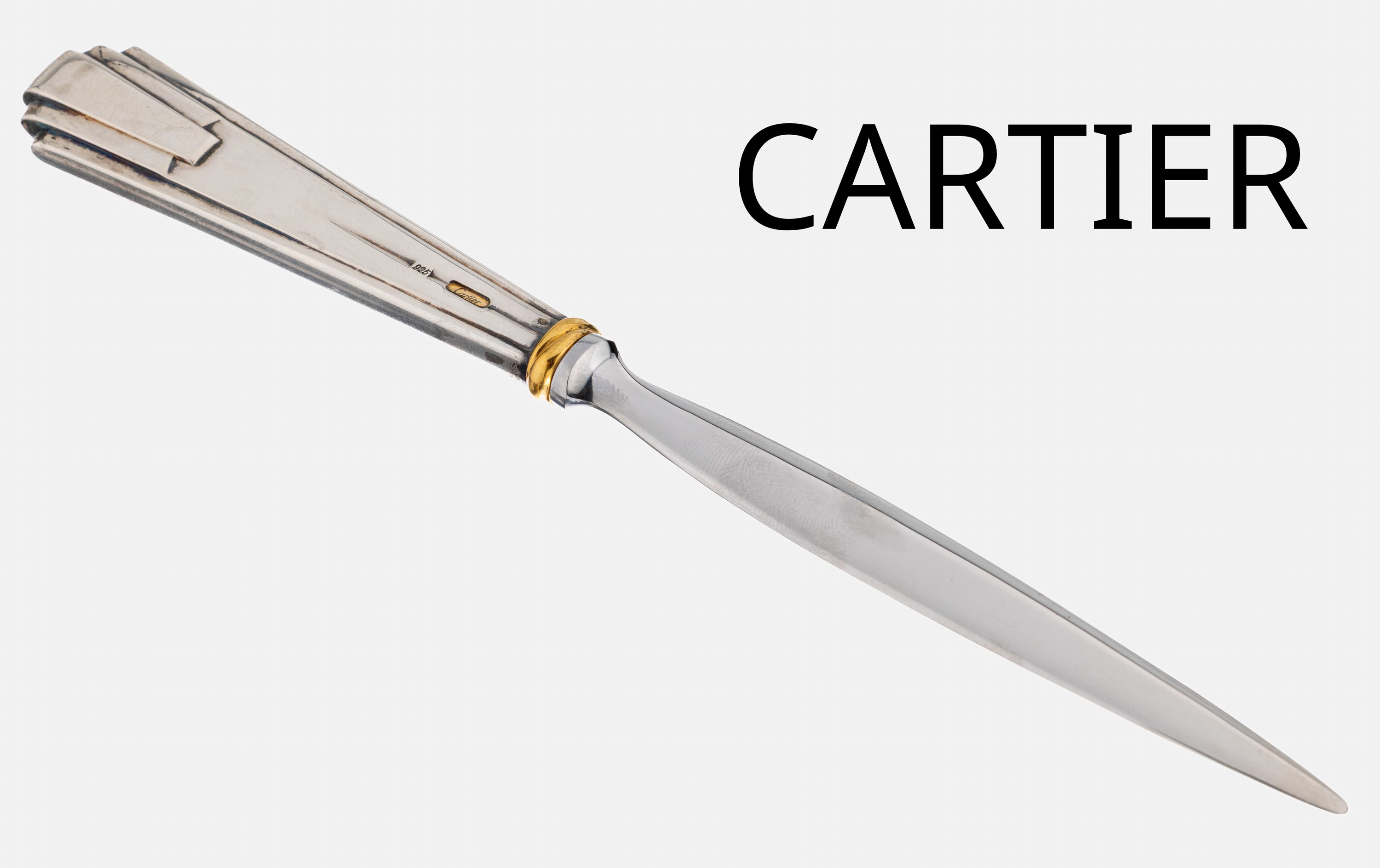 CARTIER Brieföffner, 925er Silber, teilvergoldet, Griff gefüllt, Klinge Stahl, imArt Deco Stil, vergoldet "Trinity-Ring" an ...