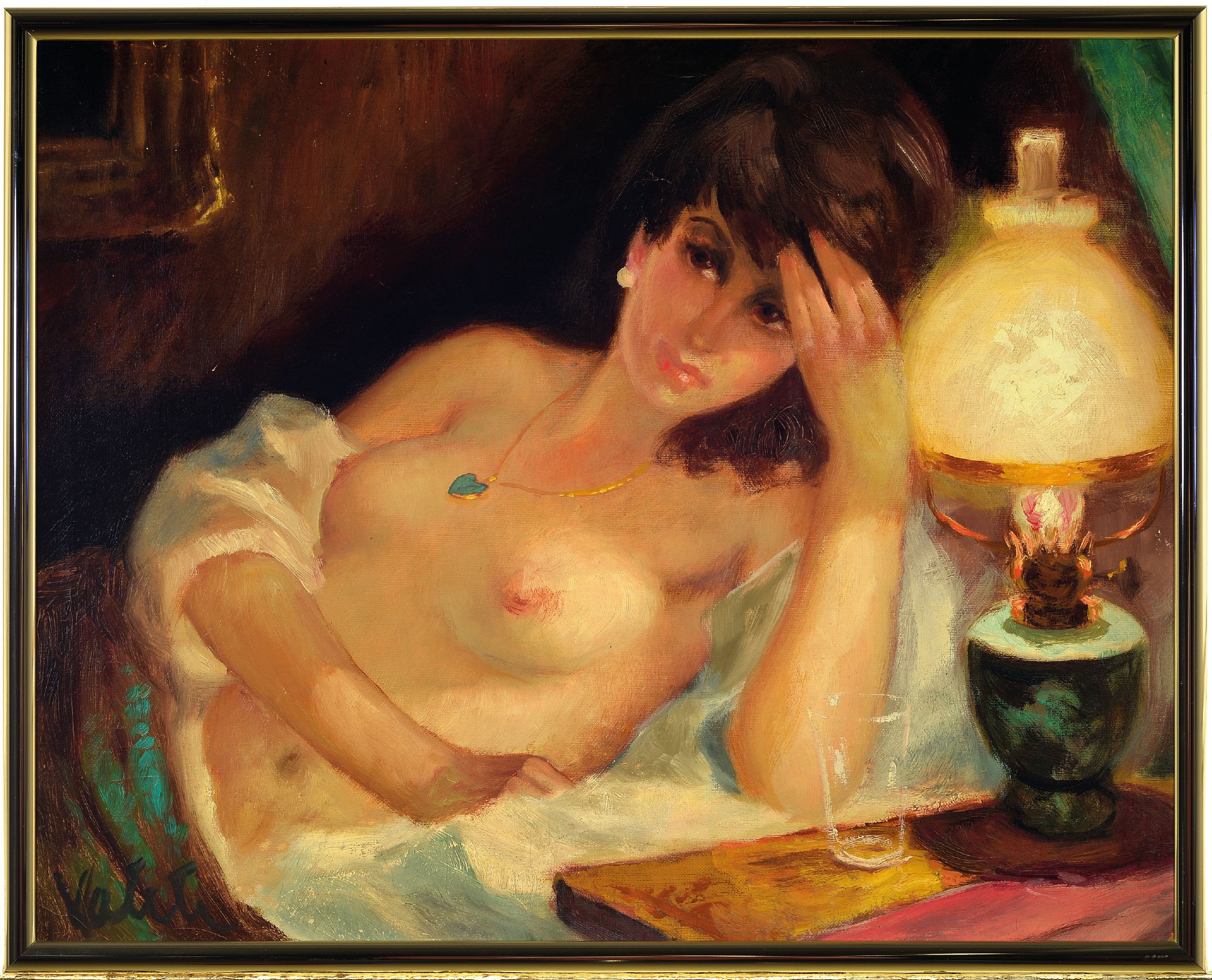 Detail k: Valeh, Pseudonym des Helmut Wanschap, 1911 Berlin-1987 Kusel, liegender Halbakt, Öl/Lwd, links unten sign., ca. 40x50cm