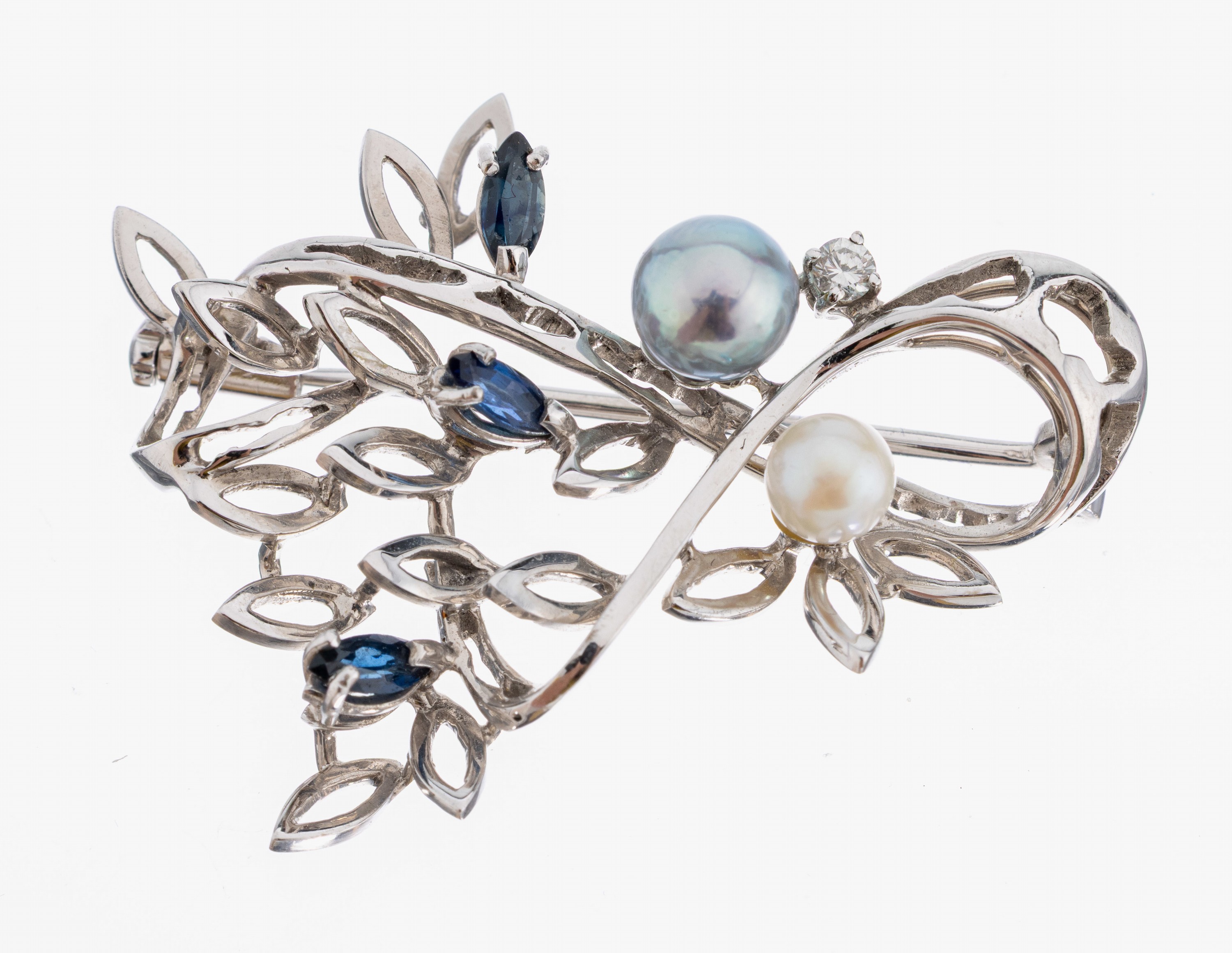 Image 27027044 - 18 kt Gold Saphir-Brillant-Perl-Brosche, WG750/000, abstrakt floral, durchbrochen, 3 ...