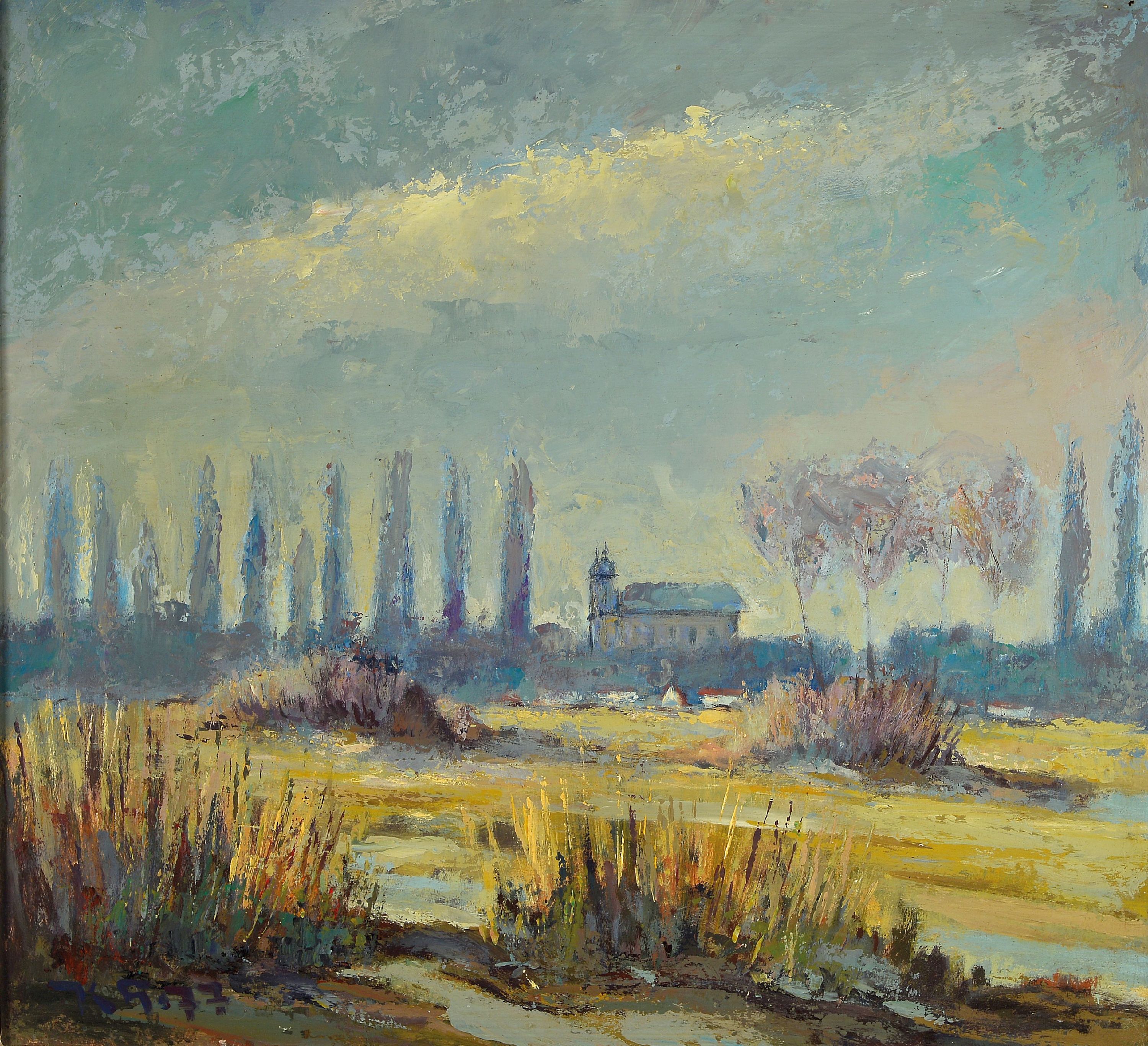 Image 27027124 - Karl Graf, 1902-1986 Speyer, Landschaft mit Kapelle und Pappeln, Öl/Hartfaser, links ...