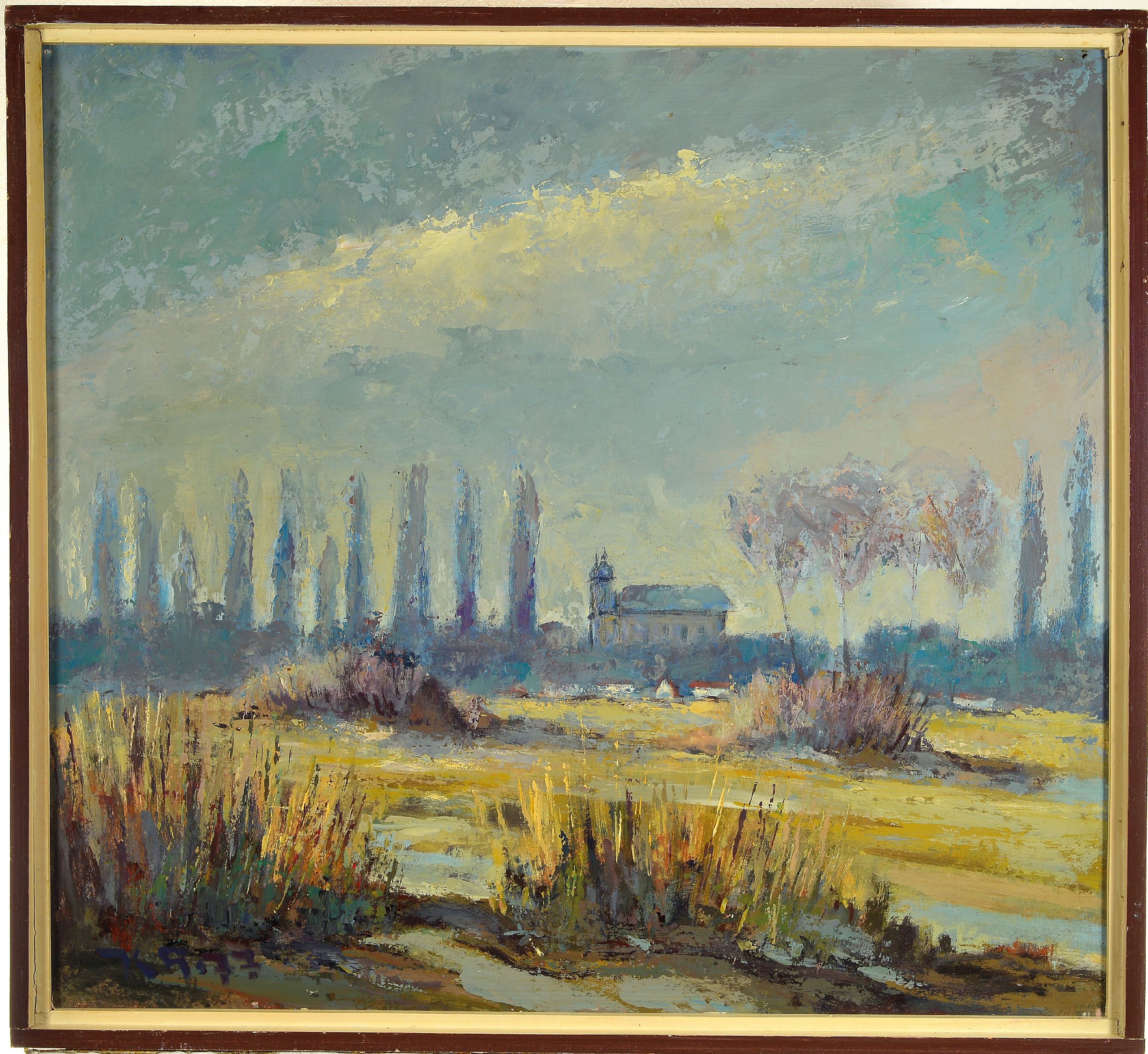 Detail k: Karl Heinz, pfälzer Maler, wohl Blick über Oggersheim mit Wallfahrtskirche Mariä Himmelfahrt, Öl/Platte, links unten monogr. und dat. 77, ca. ...