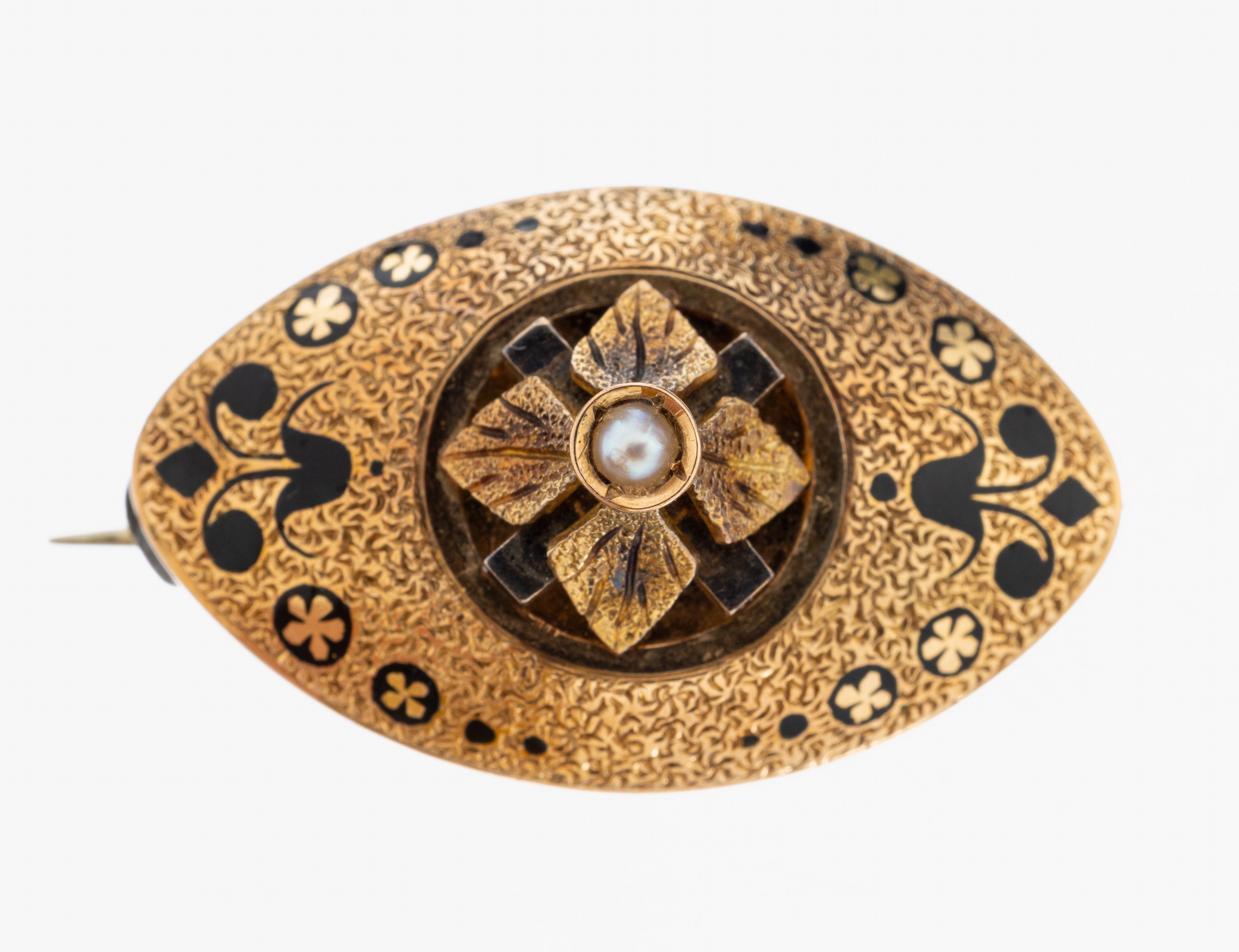 Image 27027199 - 8 kt Gold Email-Perl-Brosche um 1880-90, GG333/000 gepr., ovale Grundform, fein ...