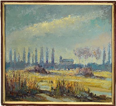 27027124k - Karl Graf, 1902-1986 Speyer, Landschaft mit Kapelle und Pappeln, Öl/Hartfaser, links ...